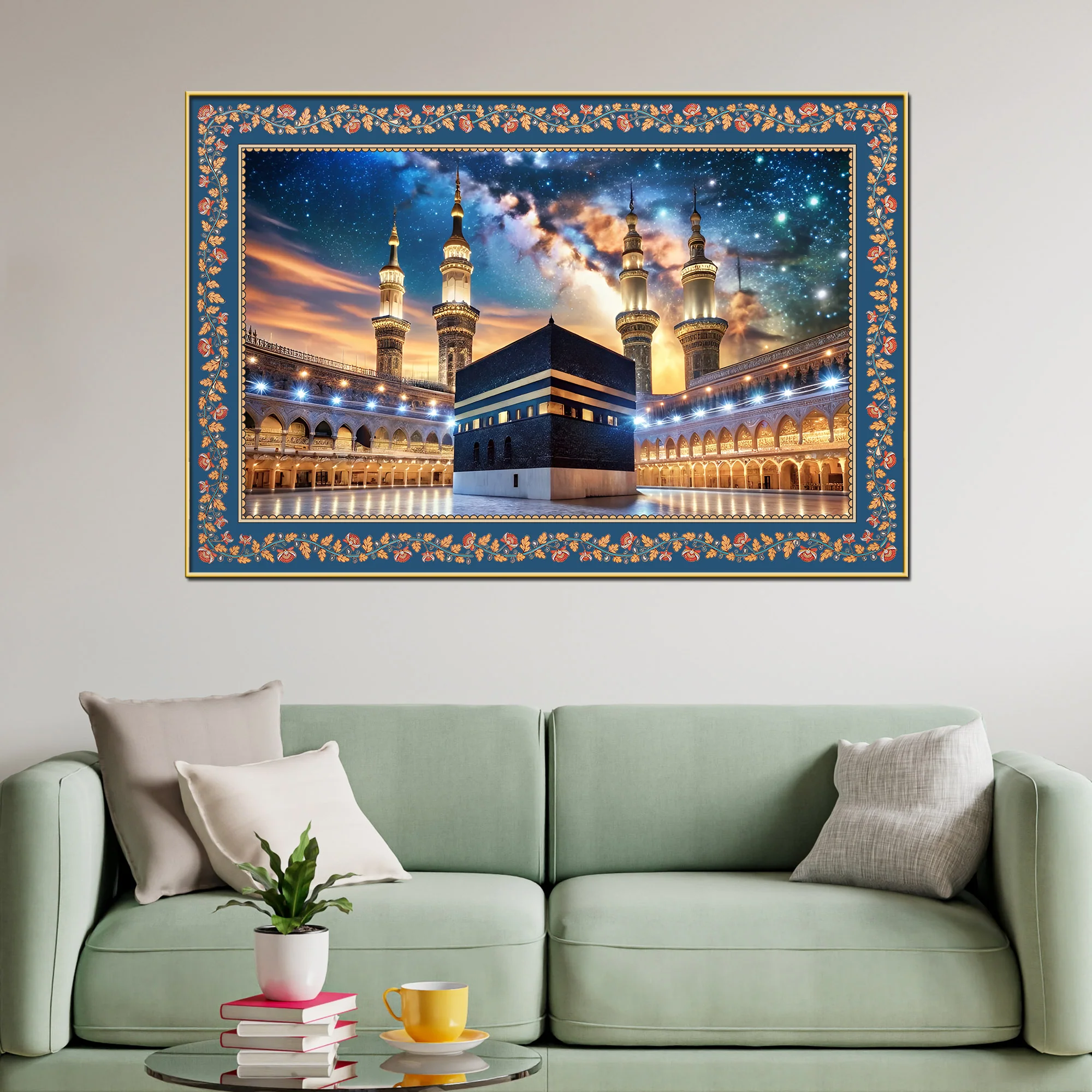 The Kaaba Masjid al-Haram Floral Border Canvas Wall Painting - Image 2