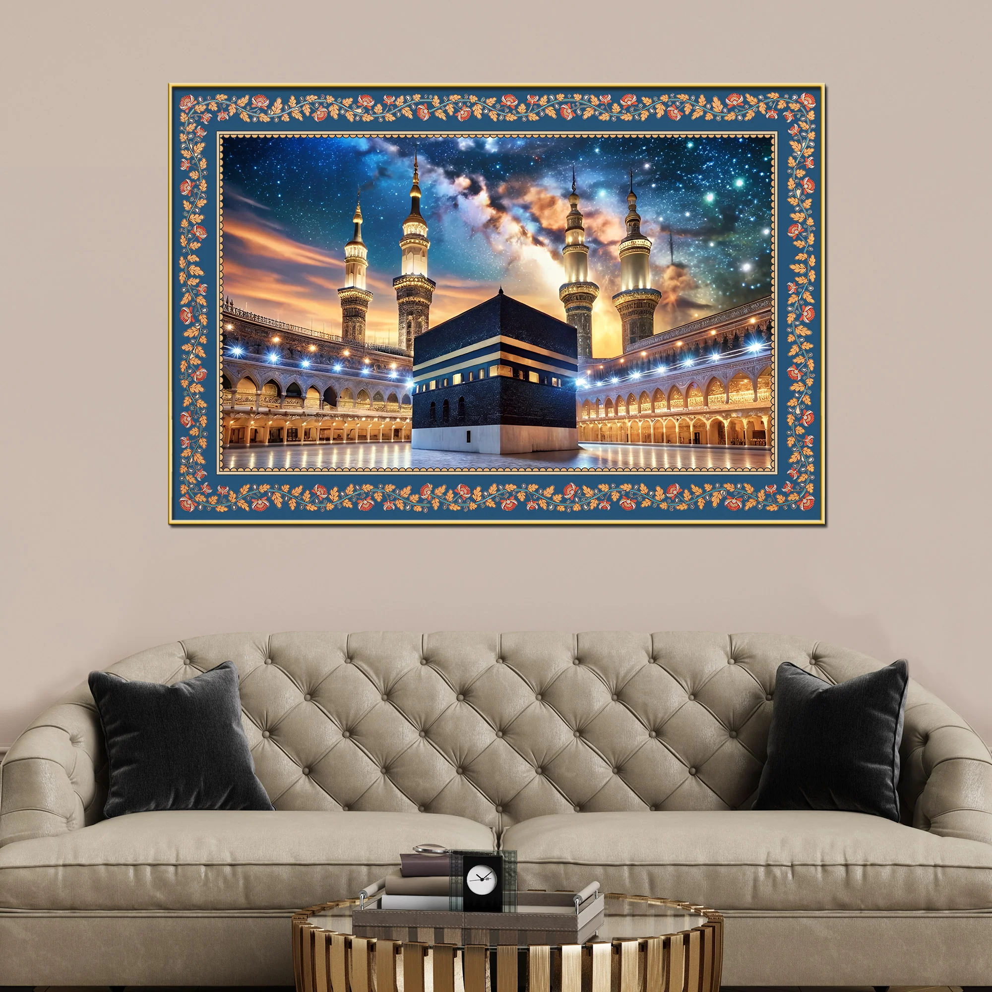 The Kaaba Masjid al-Haram Floral Border Canvas Wall Painting - Image 3