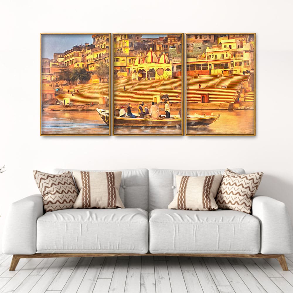 The Sacred Land Of Banaras Scenery Premium Floating Canvas Wall Painting Set of Three - Image 2
