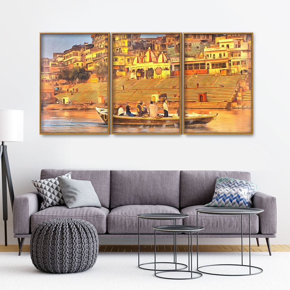 The Sacred Land Of Banaras Scenery Premium Floating Canvas Wall Painting Set of Three - Image 3