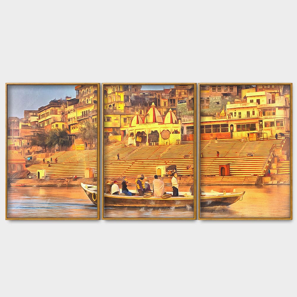 The Sacred Land Of Banaras Scenery Premium Floating Canvas Wall Painting Set of Three - Image 4