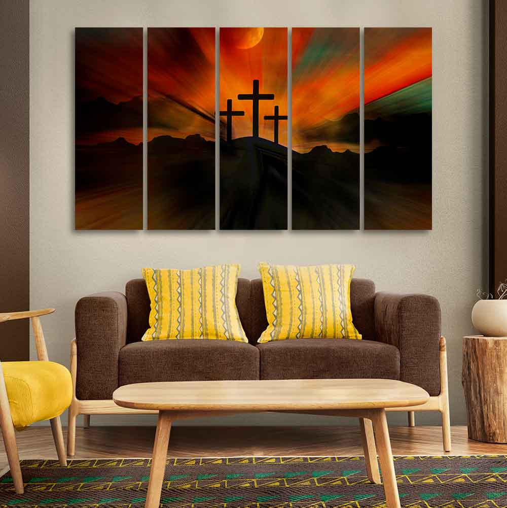 Three Cross Silhouette Canvas Wall Painting of Five Pieces - Image 3