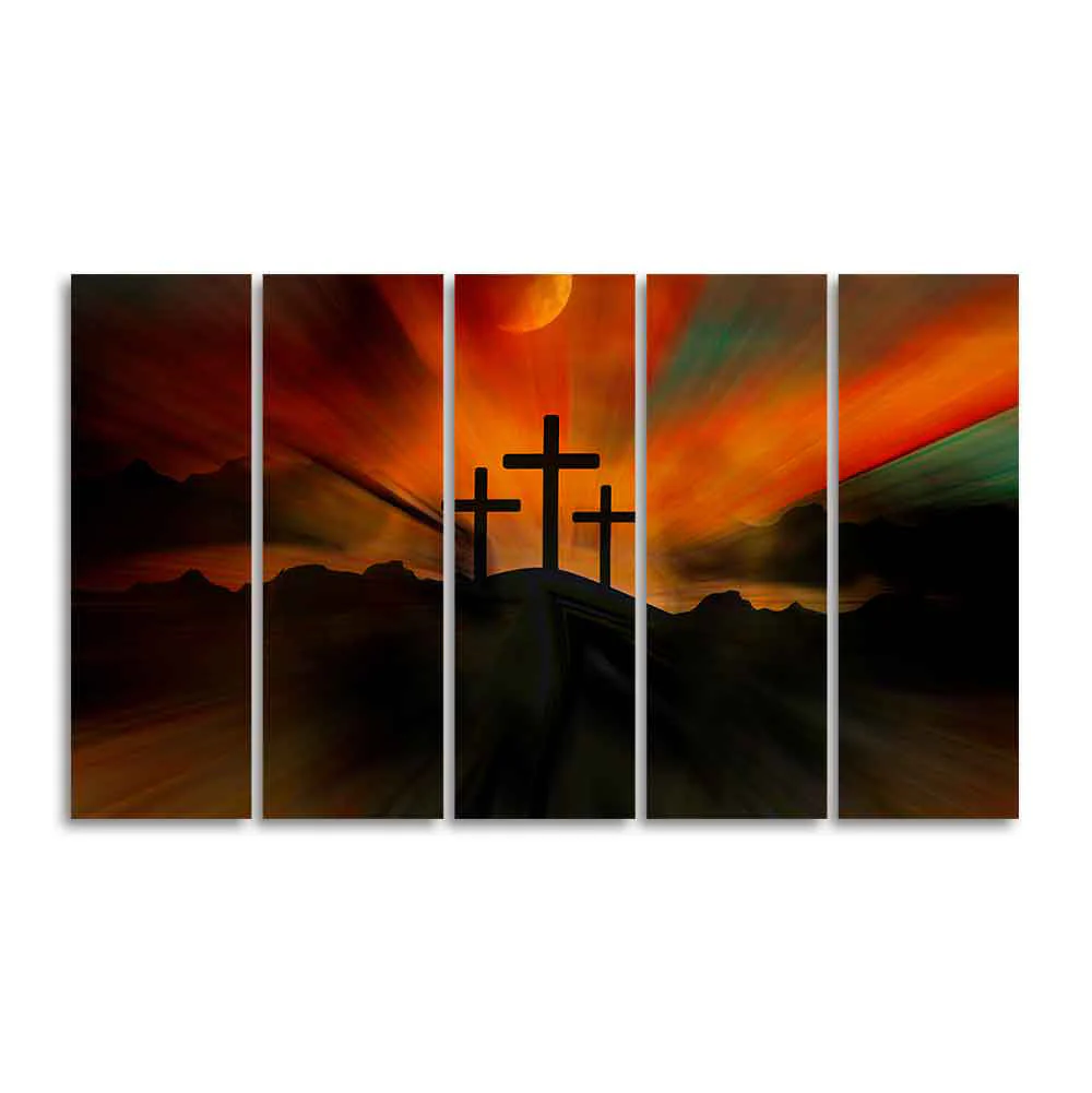Three Cross Silhouette Canvas Wall Painting of Five Pieces - Image 4