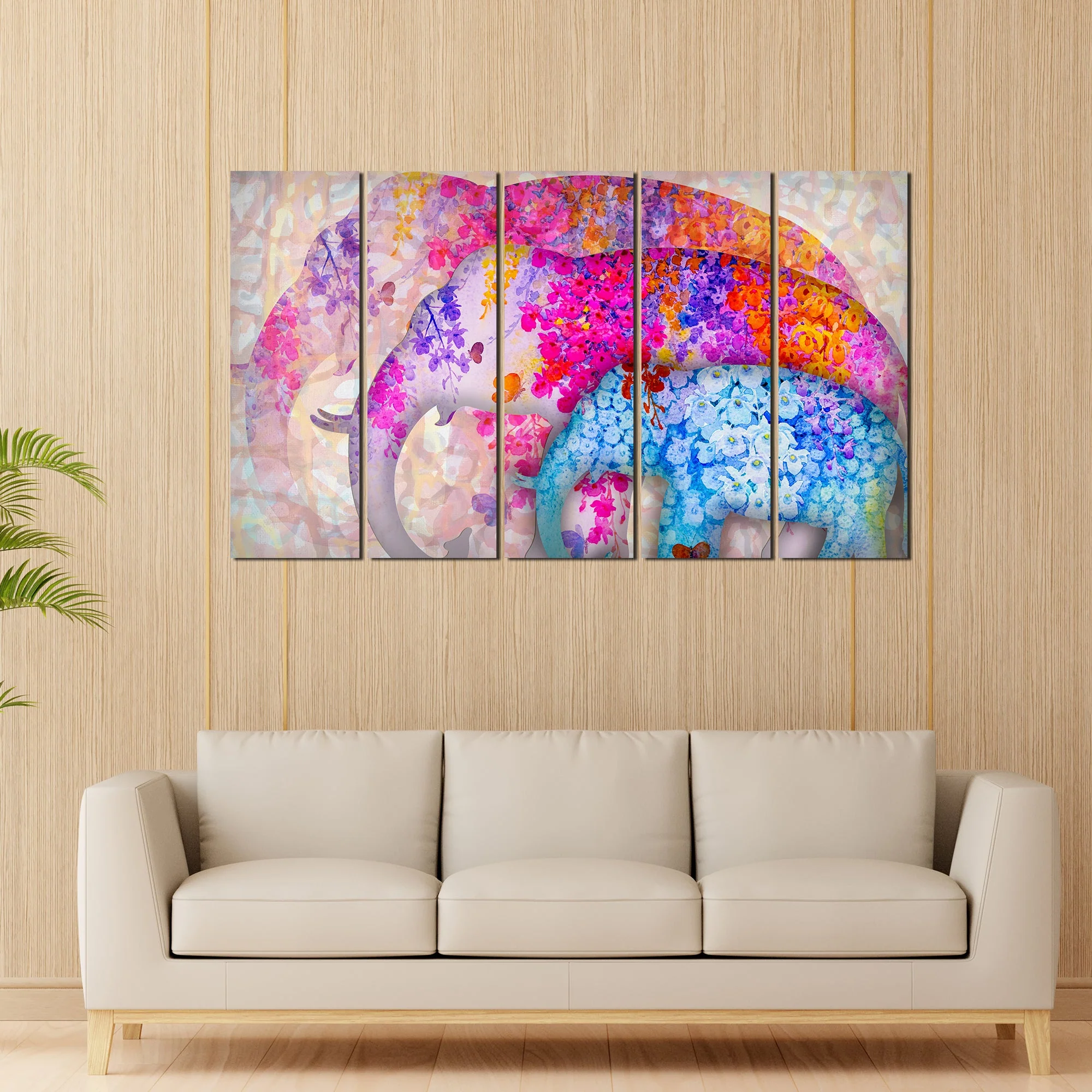 Three Abstract Art Elephants Canvas Wall Painting 5 Pieces - Image 2