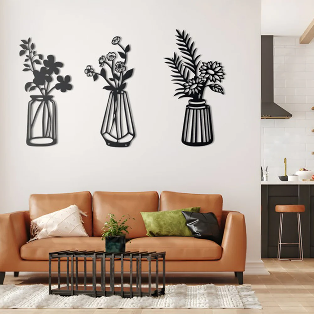 Three Pieces Flowers Vase Metal Art Wall Decor