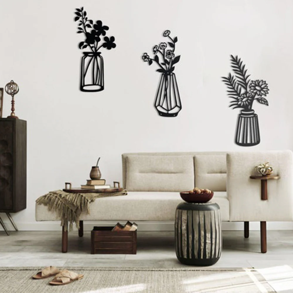 Three Pieces Flowers Vase Metal Art Wall Decor - Image 2