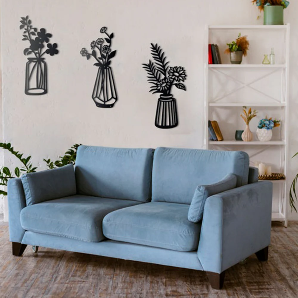 Three Pieces Flowers Vase Metal Art Wall Decor - Image 4