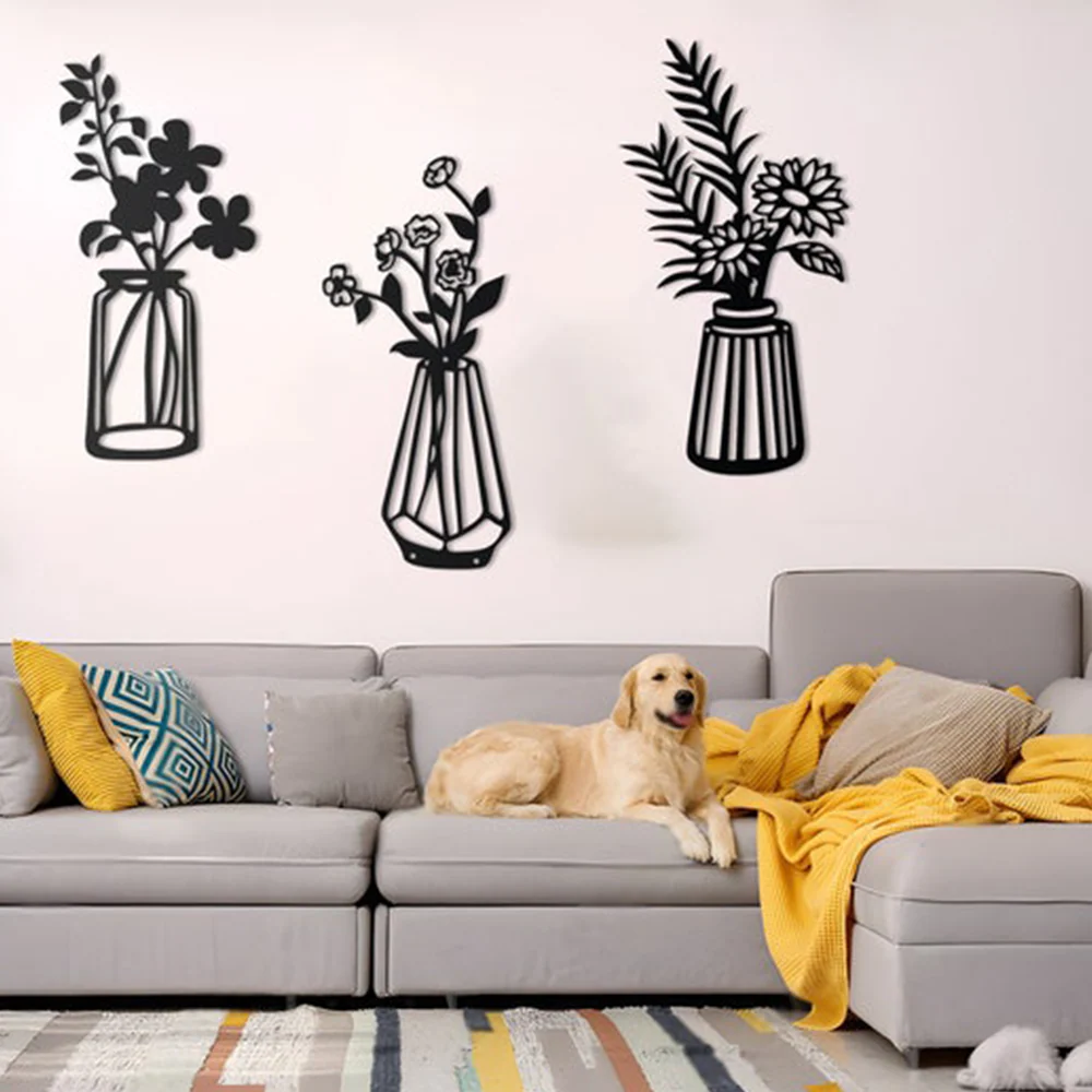 Three Pieces Flowers Vase Metal Art Wall Decor - Image 5