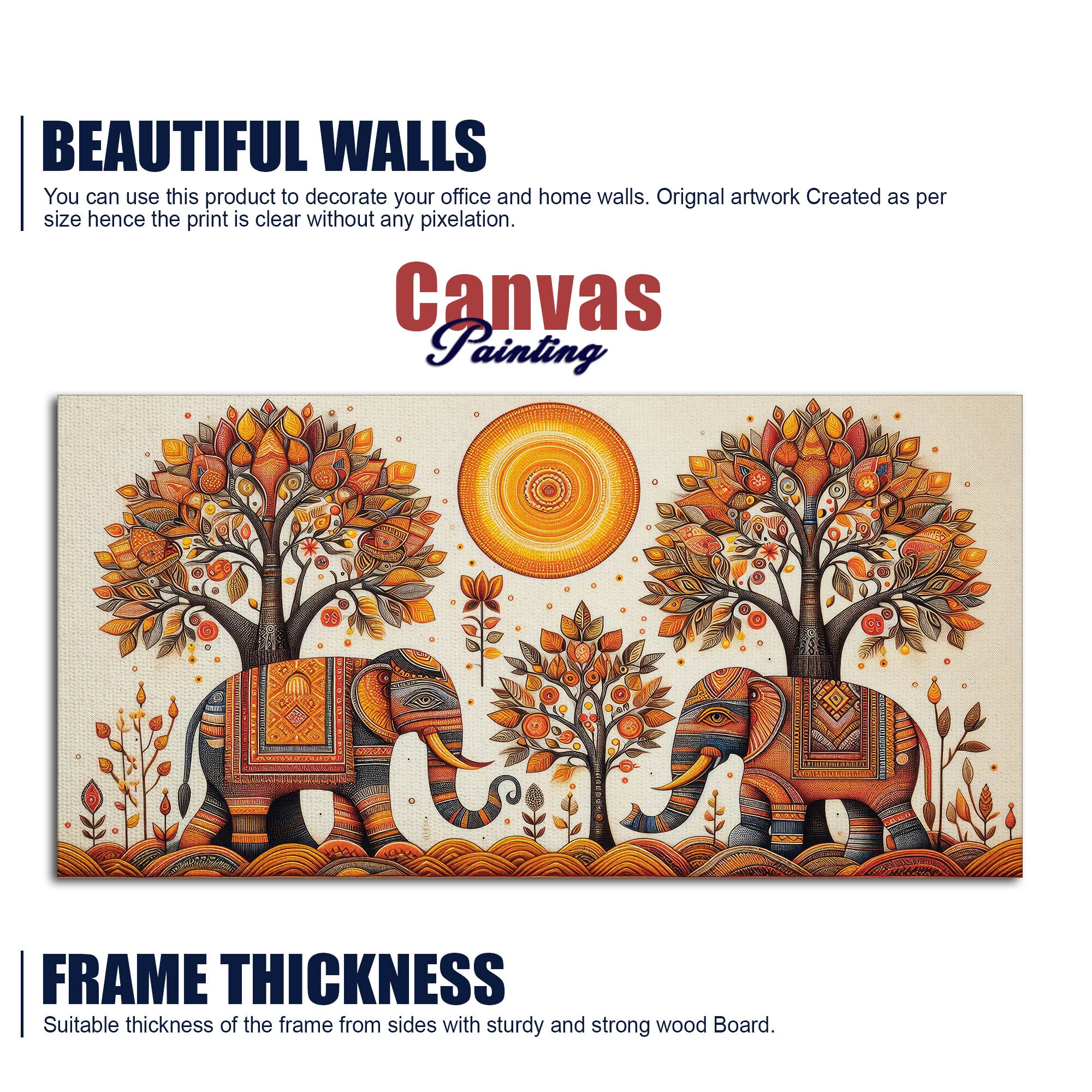 Traditional Elephant Art Canvas Wooden Wall Painting - Image 5