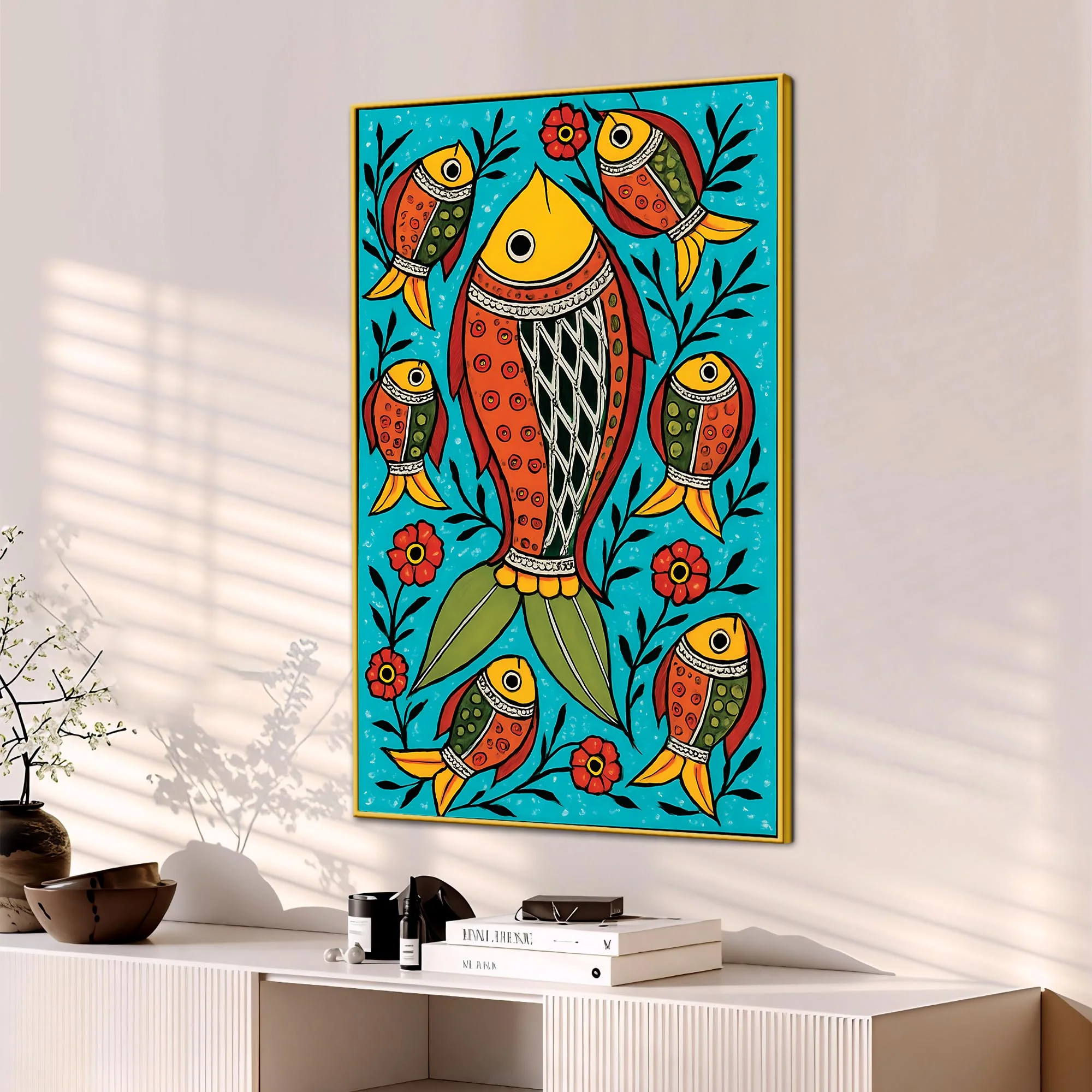 Traditional Fish Art Canvas Painting | Indian Cultural Wall Decor - Image 3