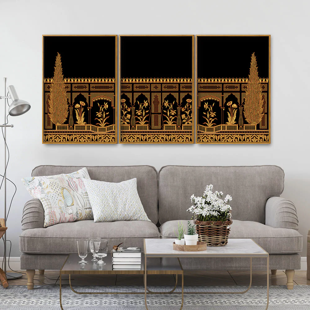 Traditional Indian Antique Gold Border Mughal Art Floating Canvas Wall Painting Set of Three - Image 3