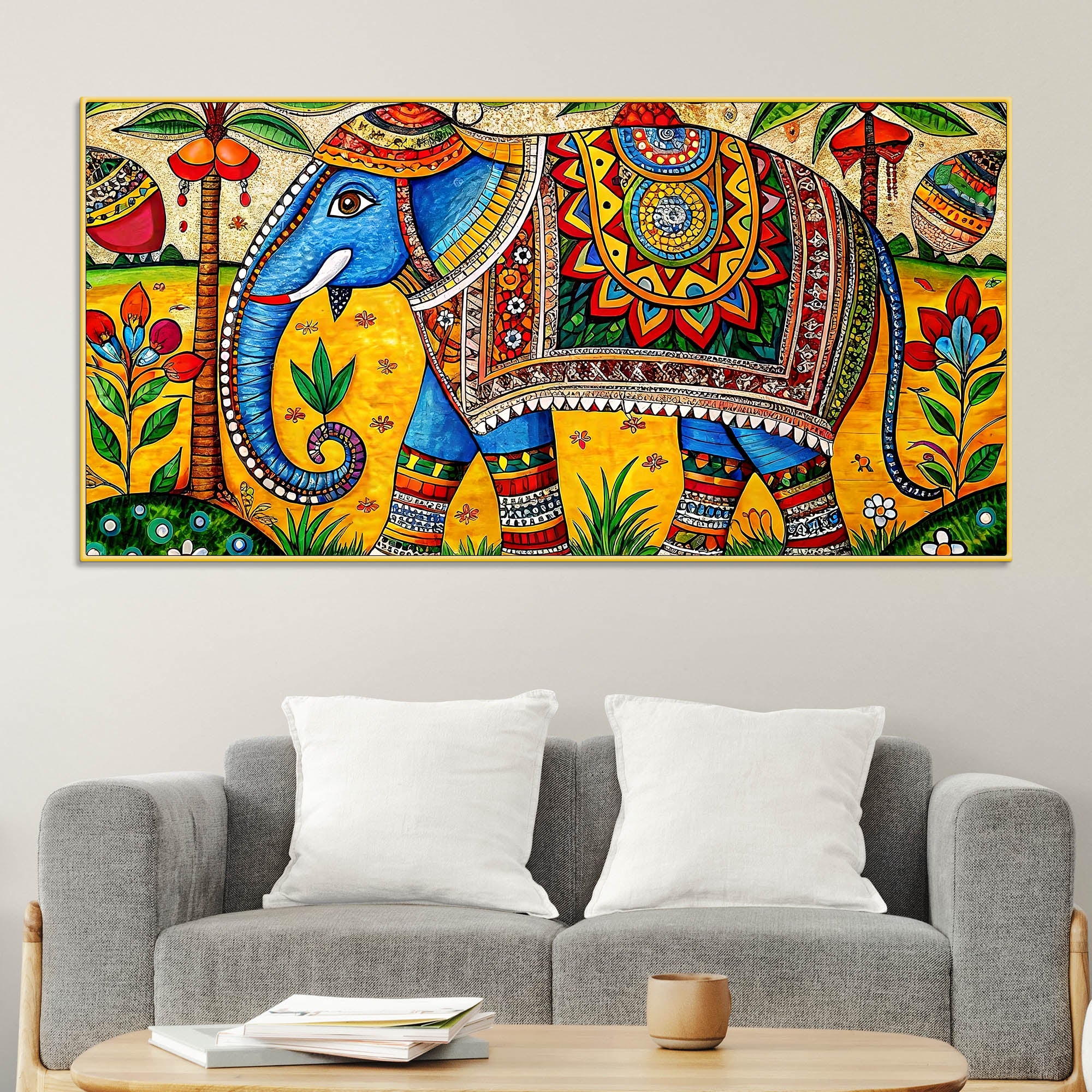 Traditional Indian Elephant Canvas Madhubani Wall Art Painting - Image 2