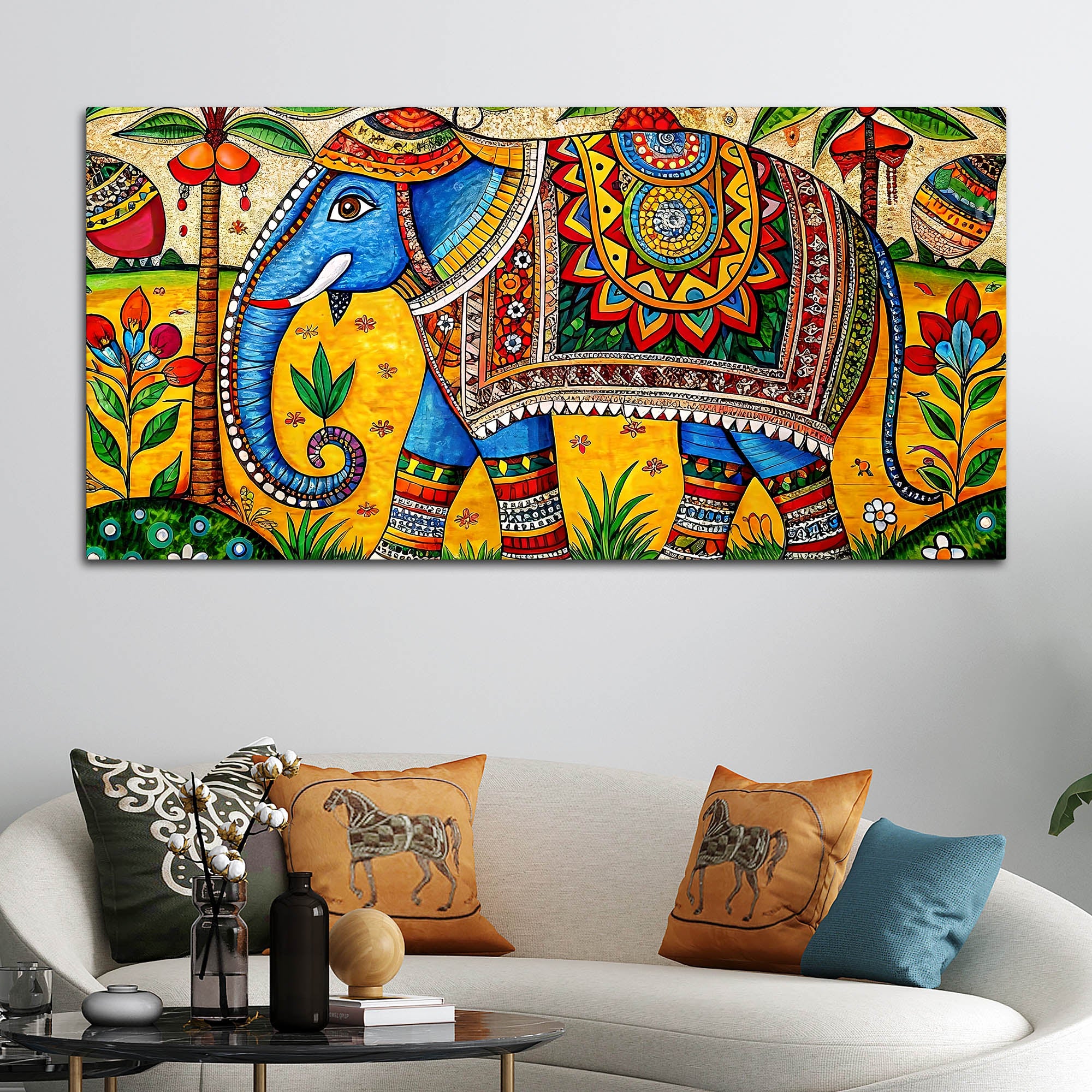Traditional Indian Elephant Canvas Madhubani Wall Art Painting - Image 3