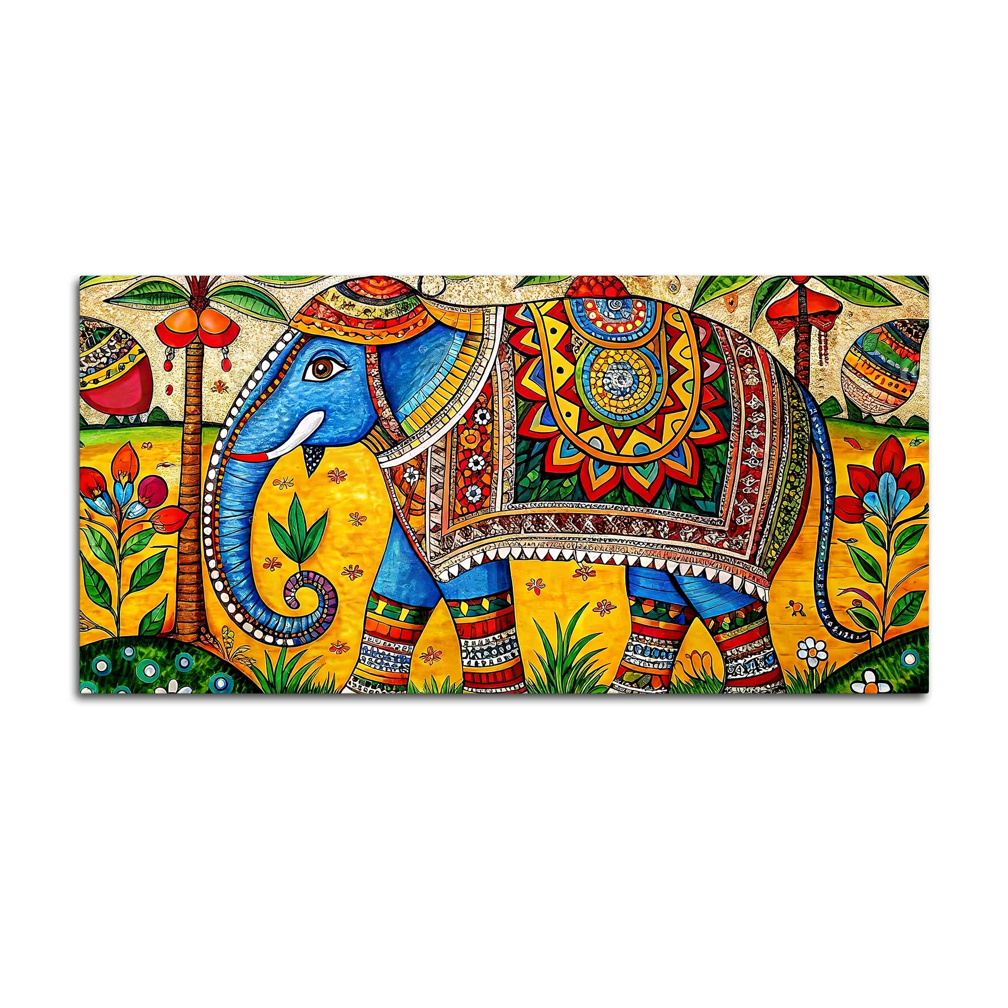 Traditional Indian Elephant Canvas Madhubani Wall Art Painting - Image 4