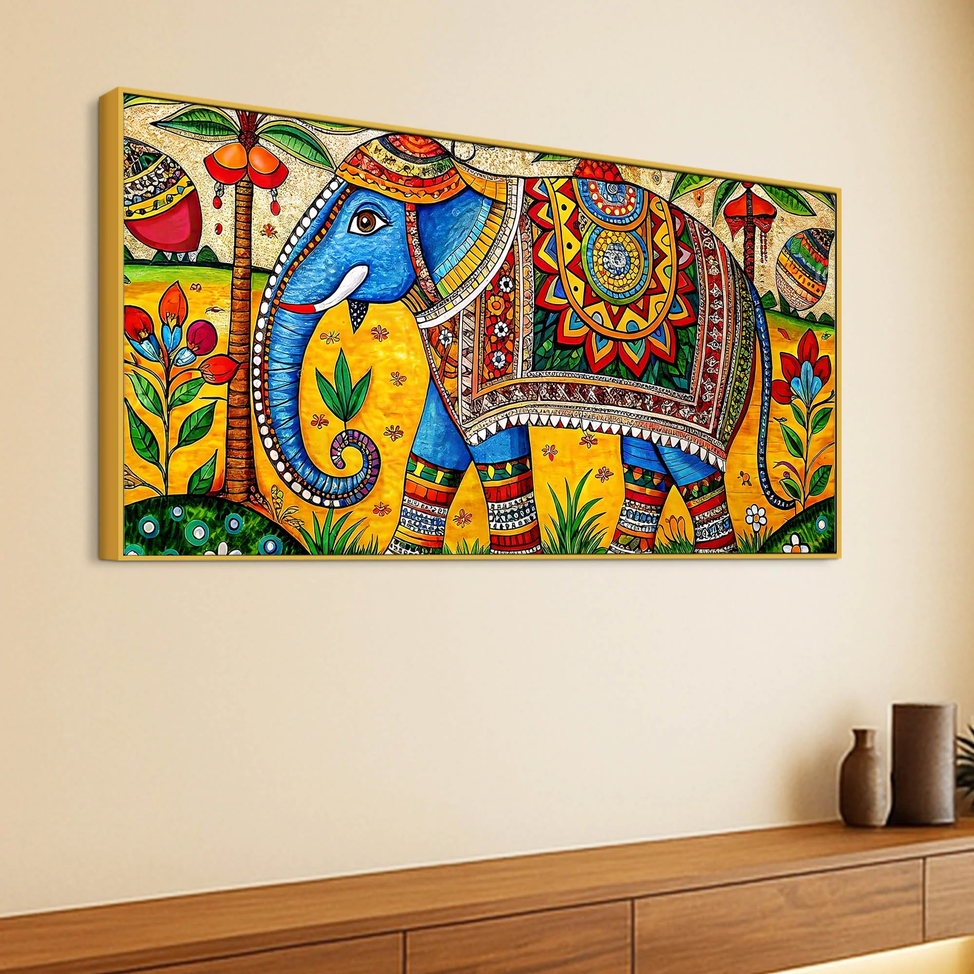 Traditional Indian Elephant Canvas Madhubani Wall Art Painting - Image 5
