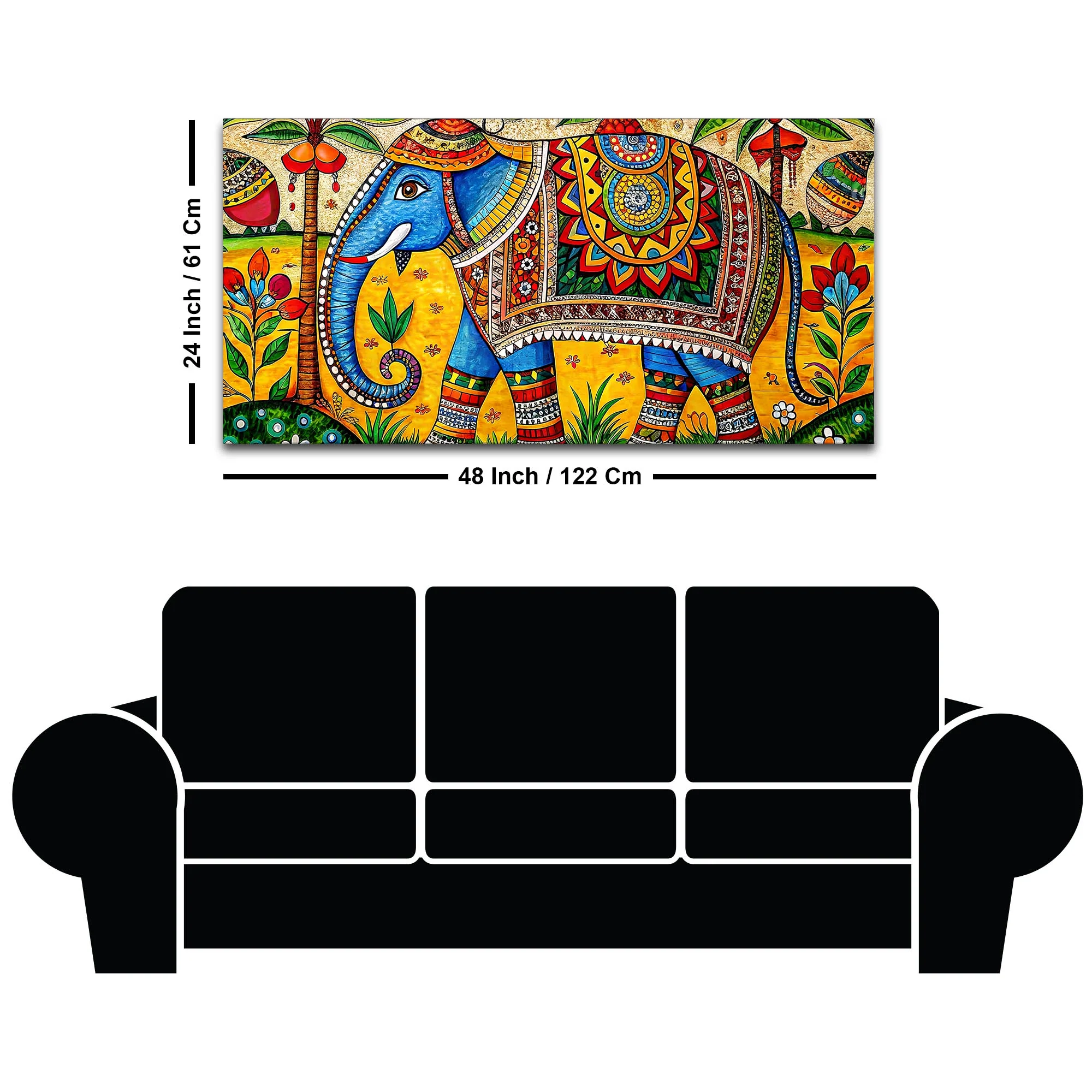 Traditional Indian Elephant Canvas Madhubani Wall Art Painting - Image 8
