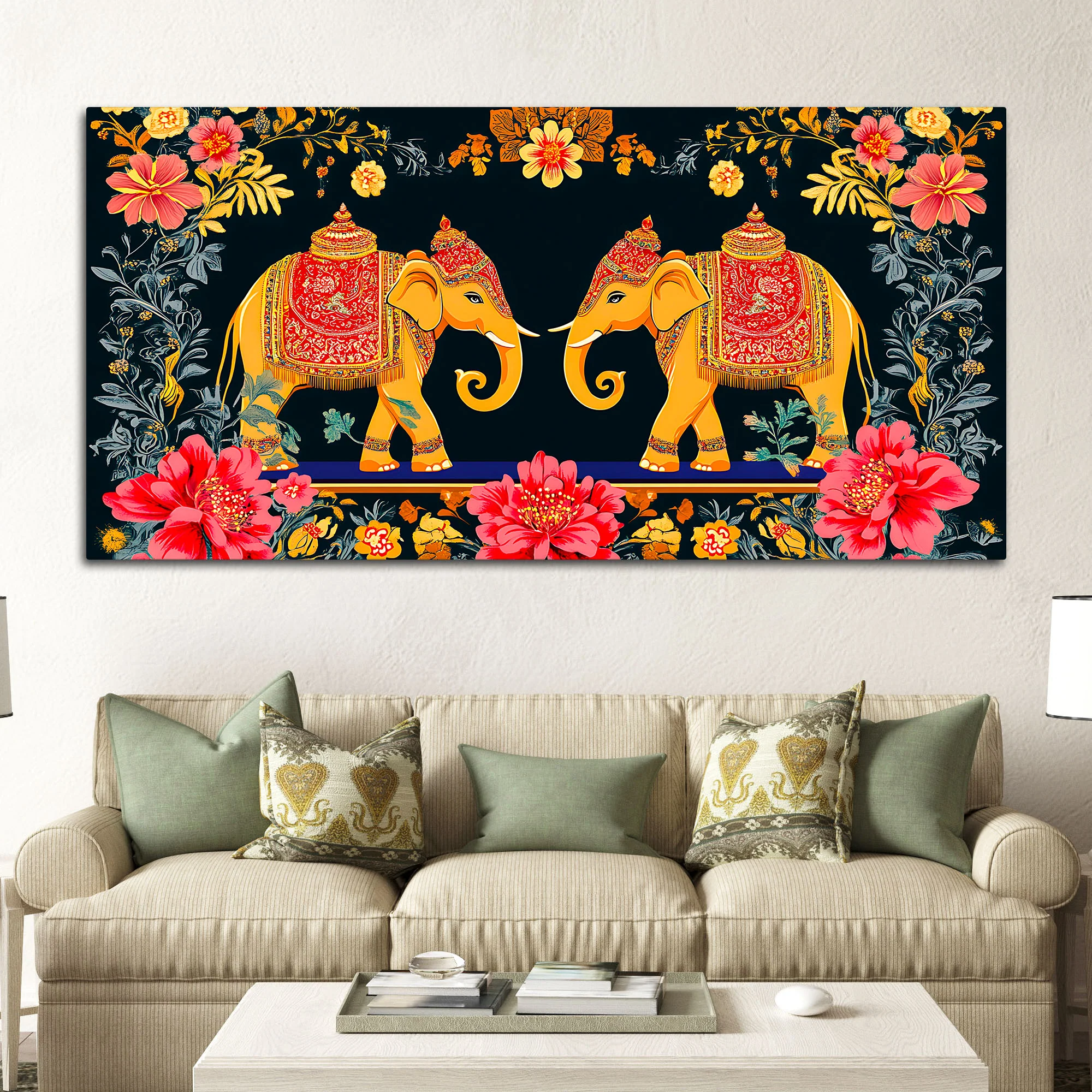 Traditional Indian Elephant Canvas Painting | Ethnic Floral Wall Painting - Image 3