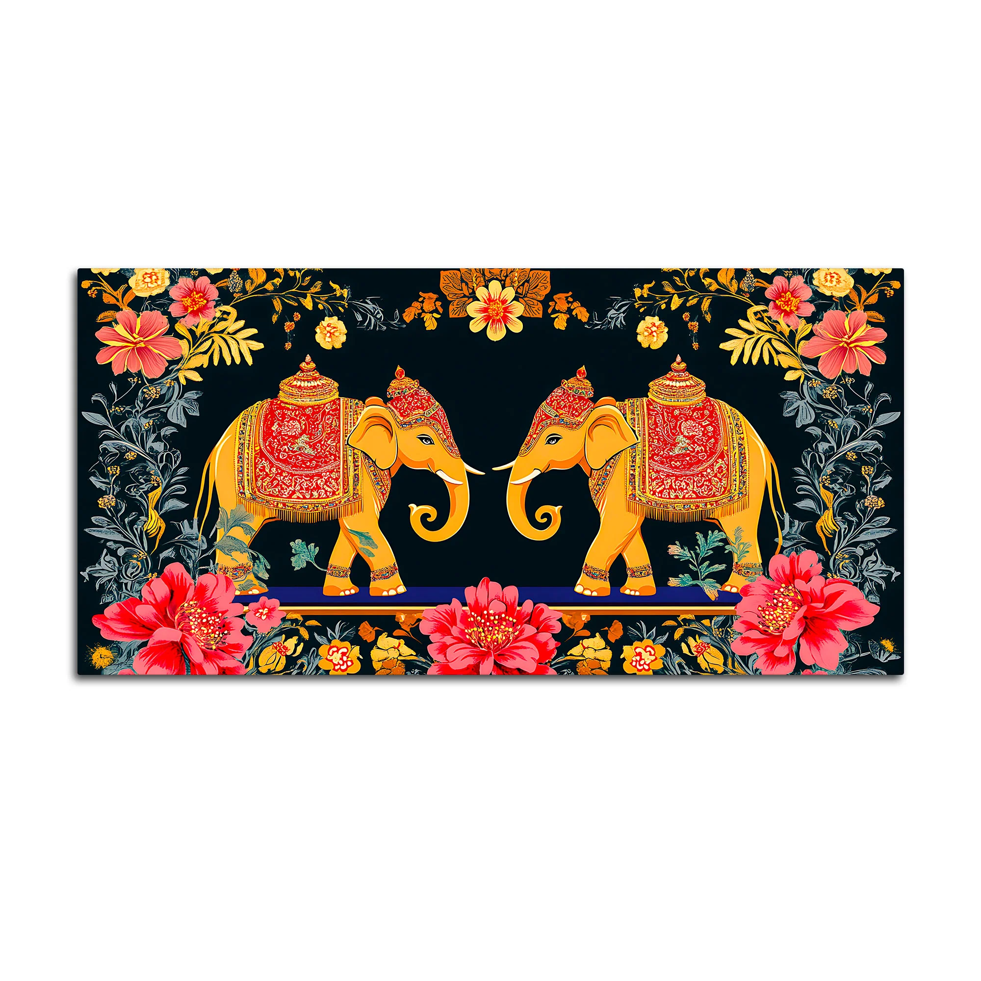 Traditional Indian Elephant Canvas Painting | Ethnic Floral Wall Painting - Image 4