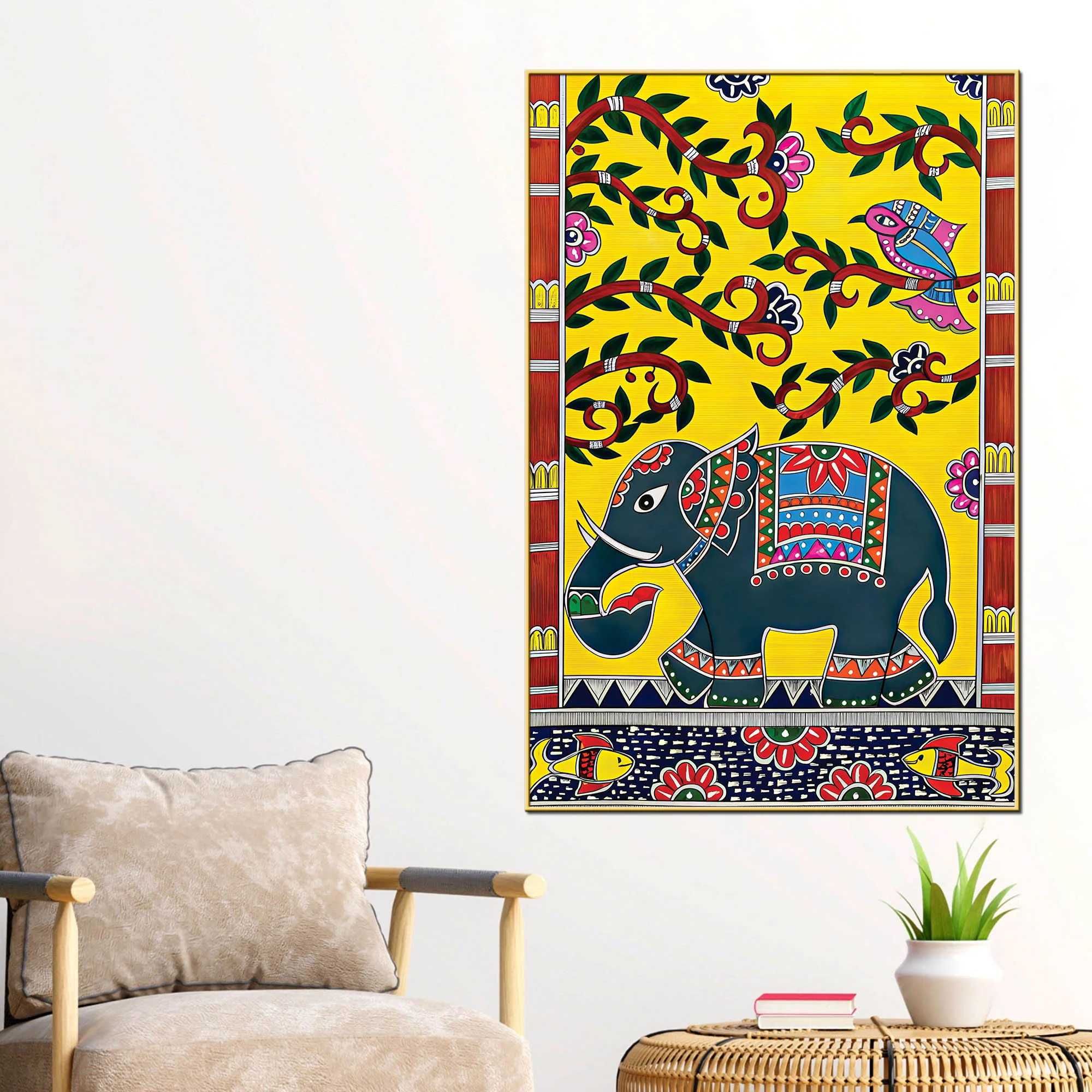Traditional Indian Elephant Canvas Painting | Folk Art Wall Decor for Living Room & Gifting