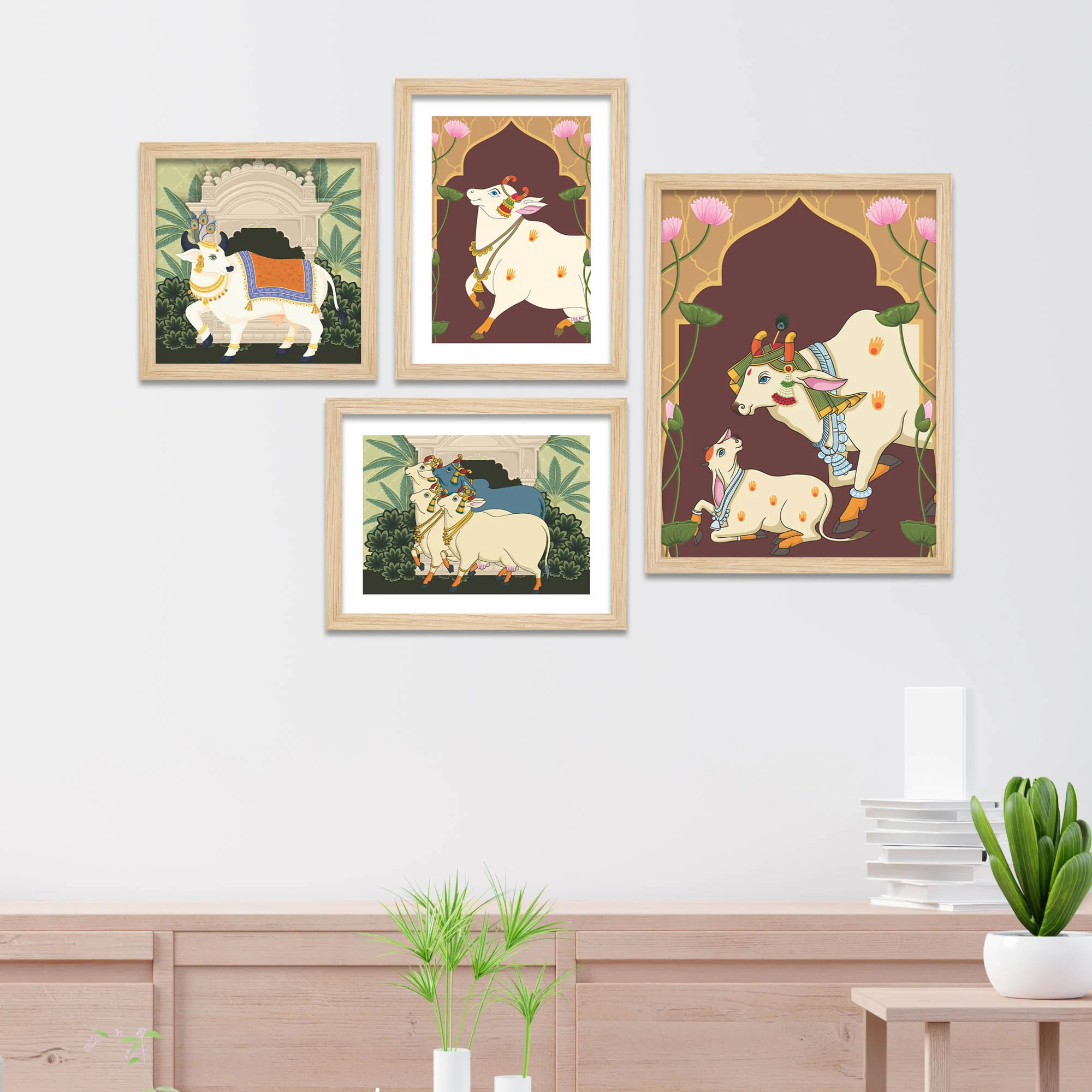 Traditional Indian Pichwai Cow Wall Frame Set of Four