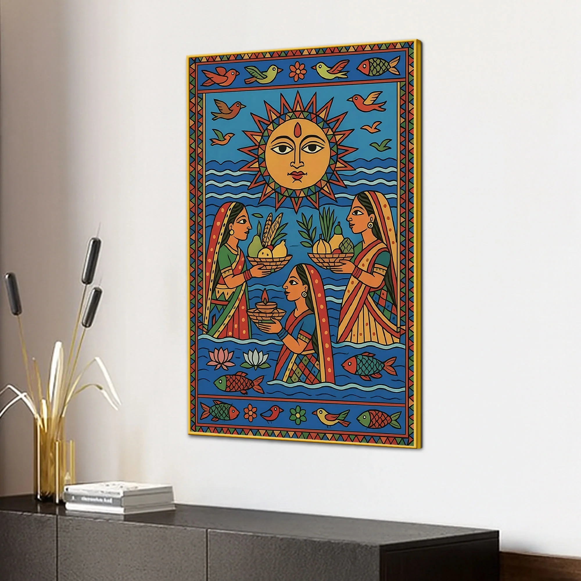 Traditional Indian Women Puja Canvas Painting Madhubani Style Wall Decor - Image 3