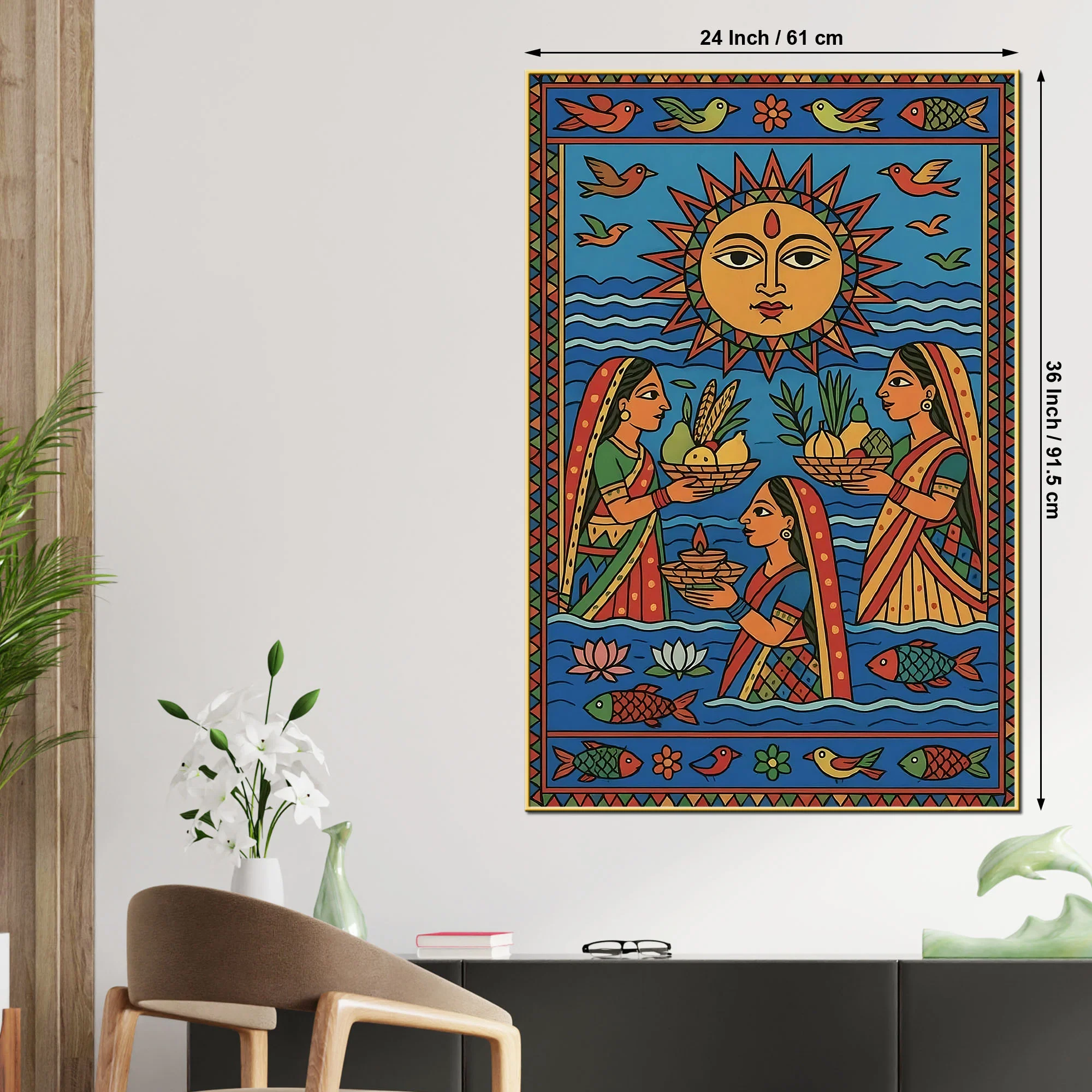 Traditional Indian Women Puja Canvas Painting Madhubani Style Wall Decor - Image 5