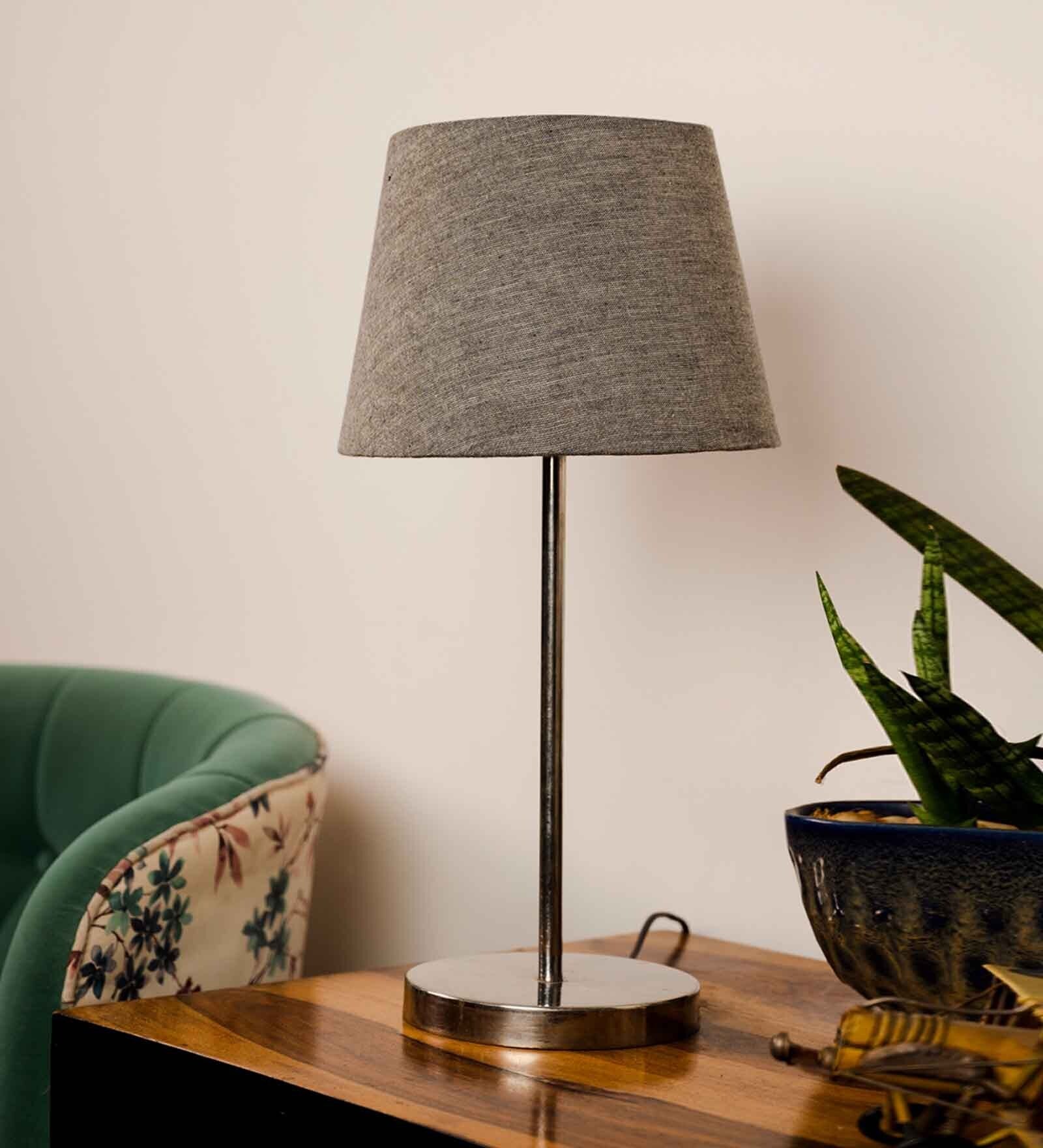 Traditional Jute Grey Color Shade Table Lamp with Silver Finish Base - Image 2