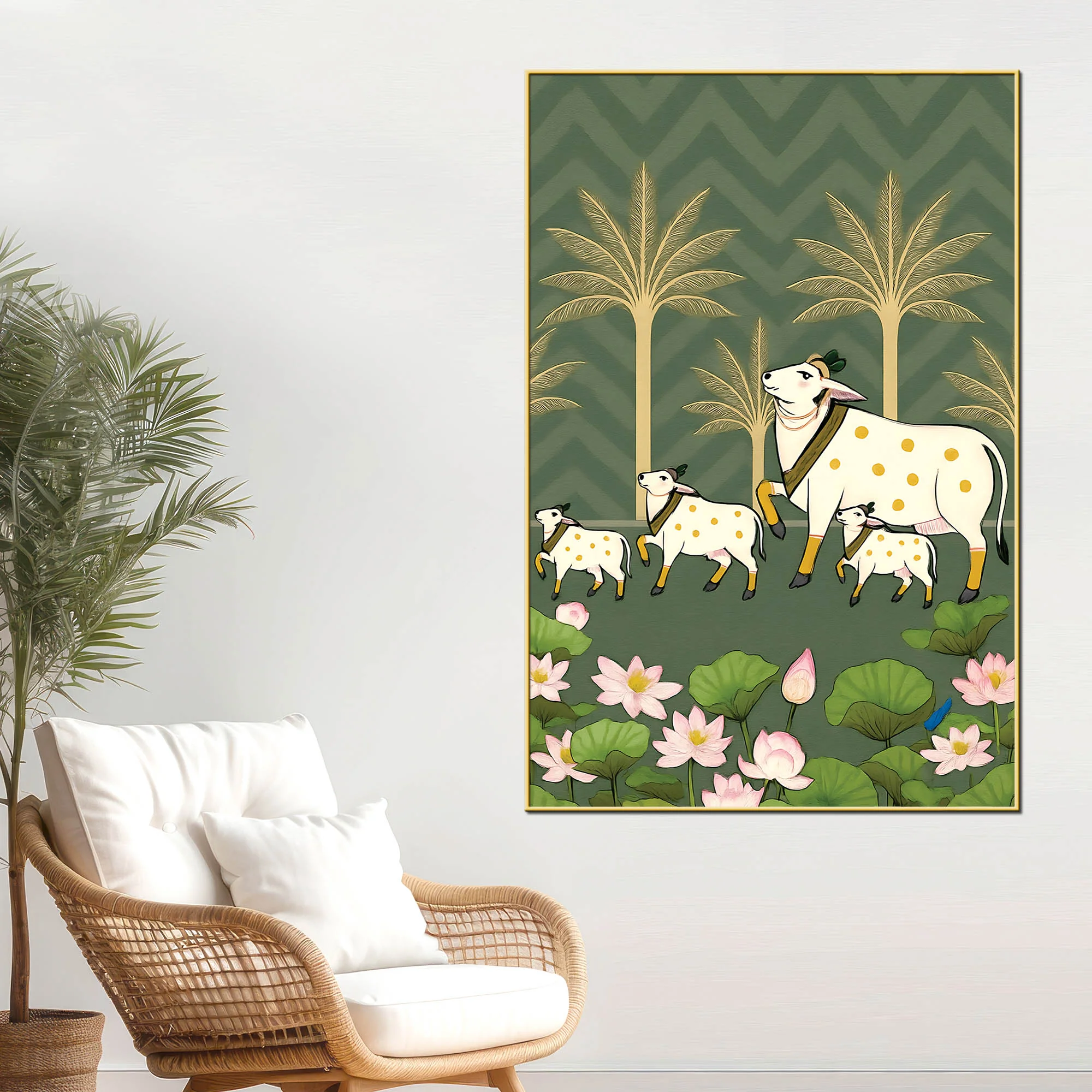 Traditional Kamdhenu Pichwai Canvas Painting | Cow Calf Wall Decor Painting - Image 2