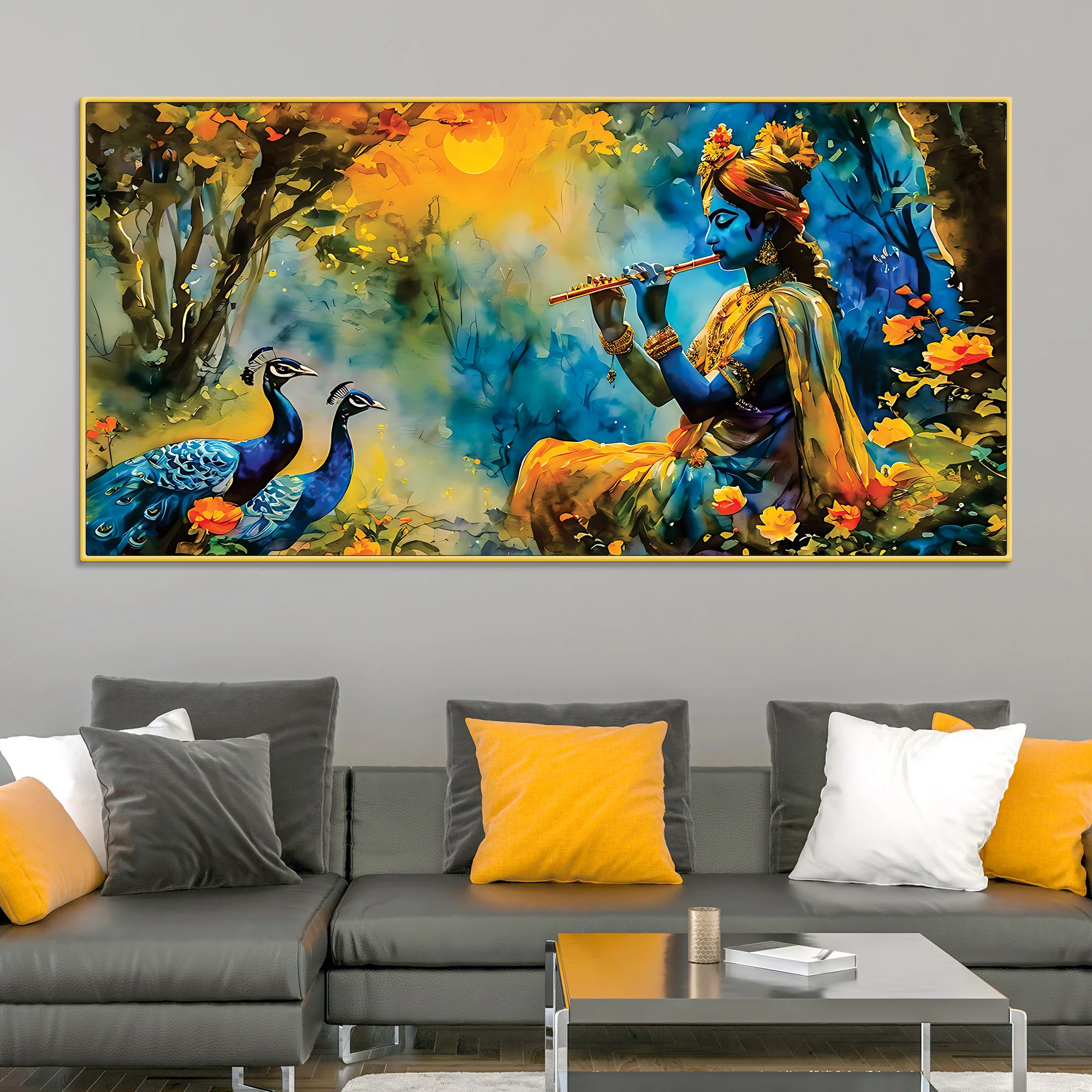 Traditional Lord Krishna Painting with Peacock for Home Wall - Image 2