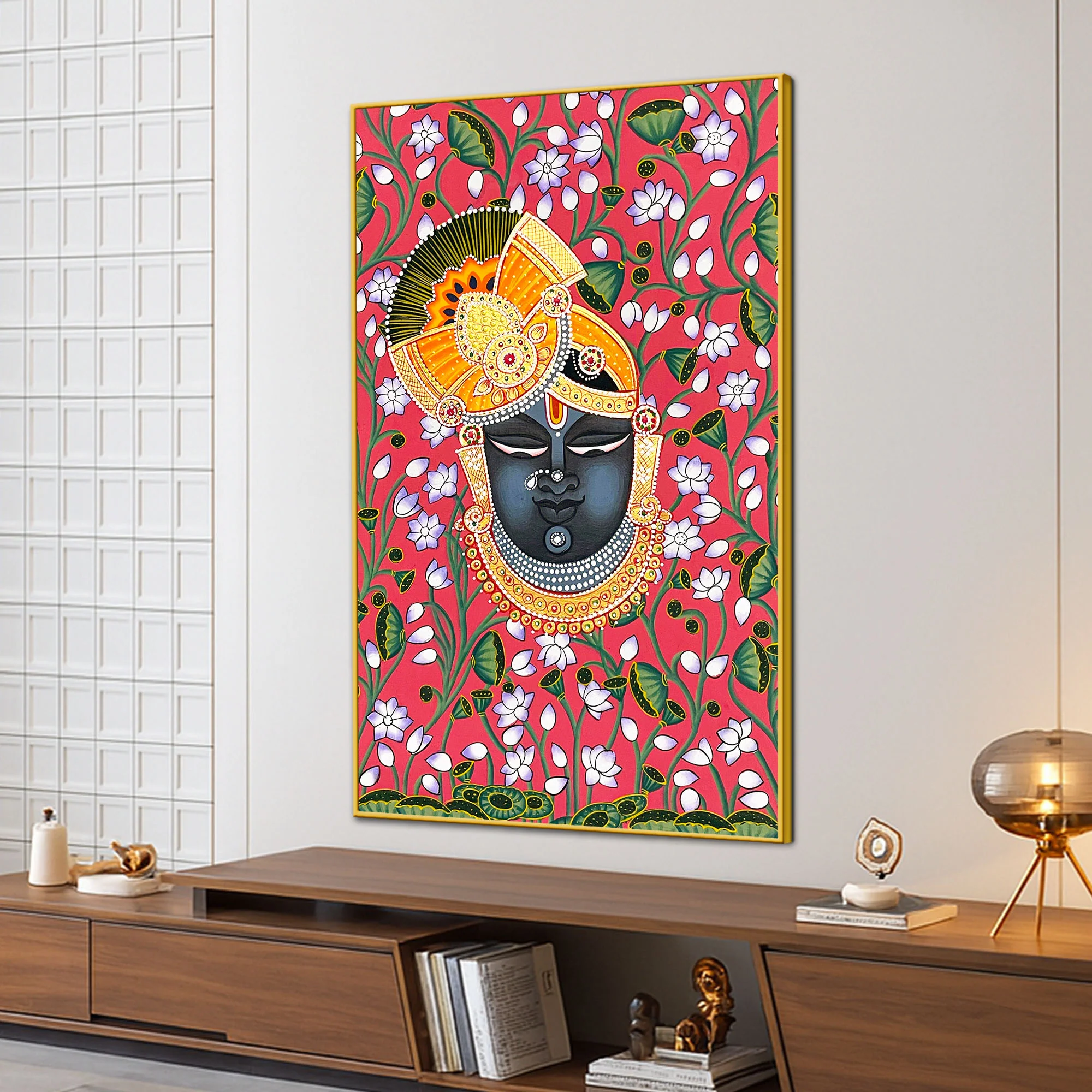 Traditional Lord Shrinath Ji Folk Art Canvas Wall Painting - Image 3