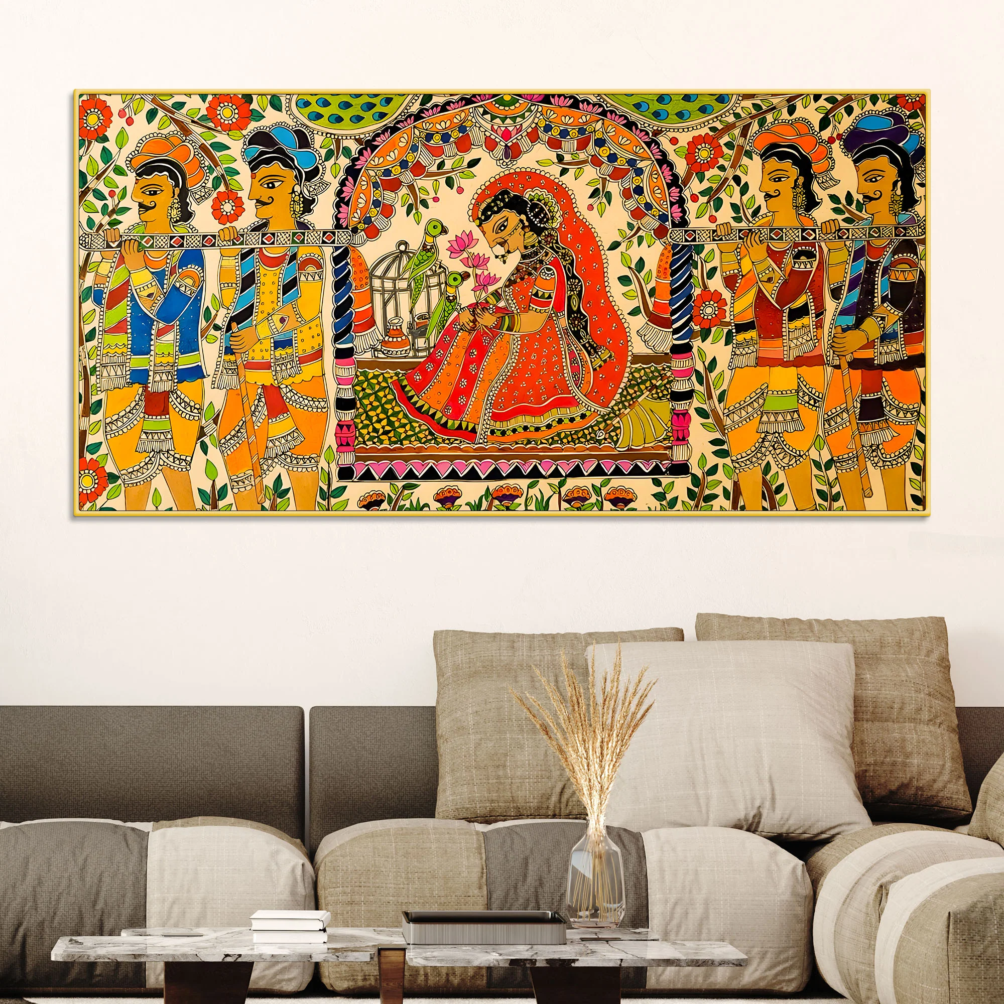 Traditional Madhubani Bride Painting | Royal Wedding Scene Art - Image 2