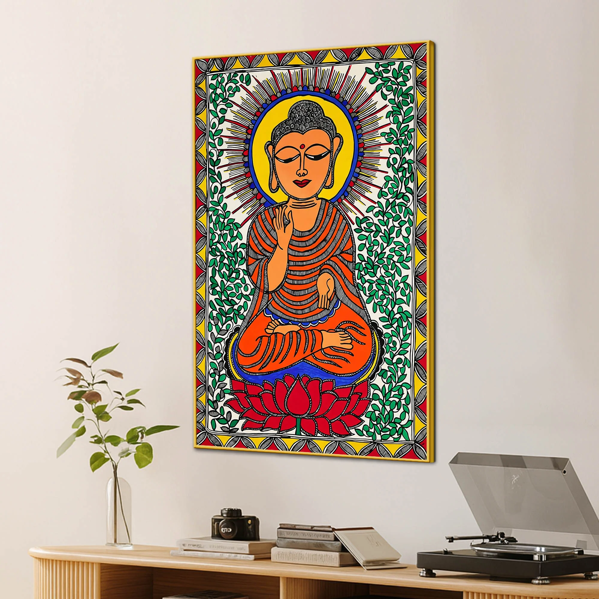 Traditional Madhubani Buddha Canvas Painting - Image 3