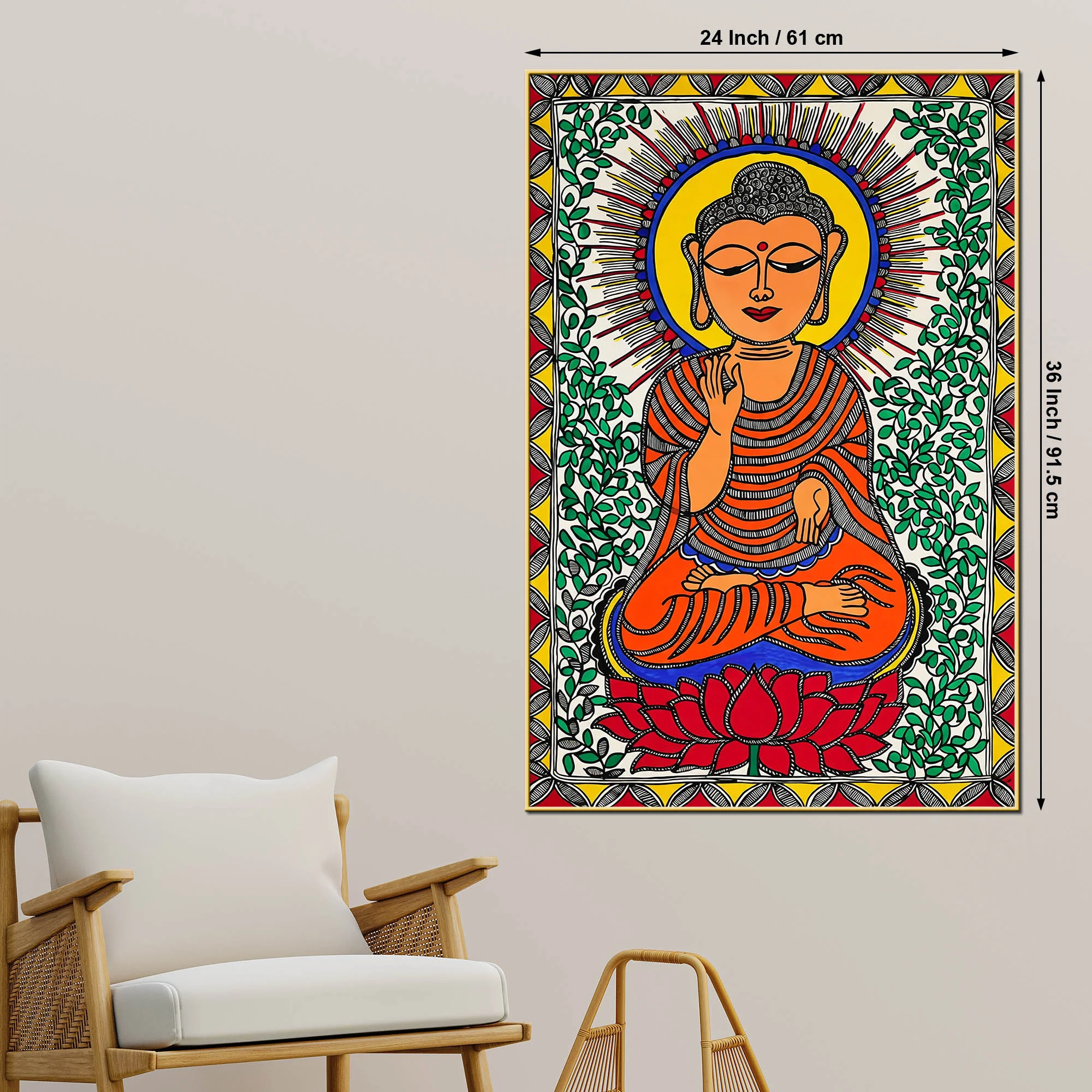 Traditional Madhubani Buddha Canvas Painting - Image 5