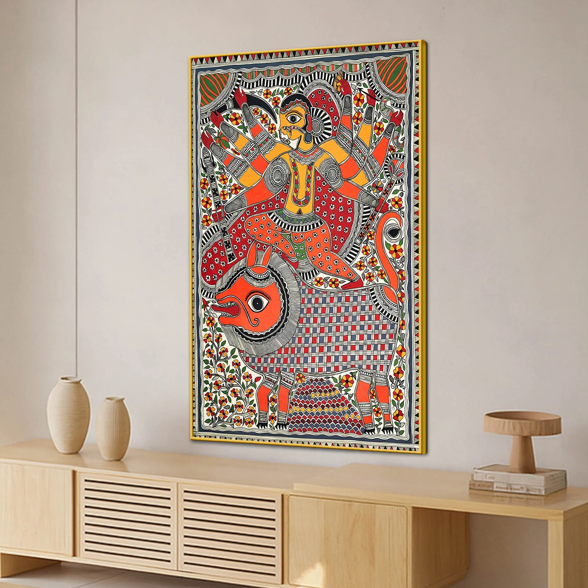 Traditional Madhubani Devi Canvas Painting for Ethnic Indian Wall Decor - Image 3