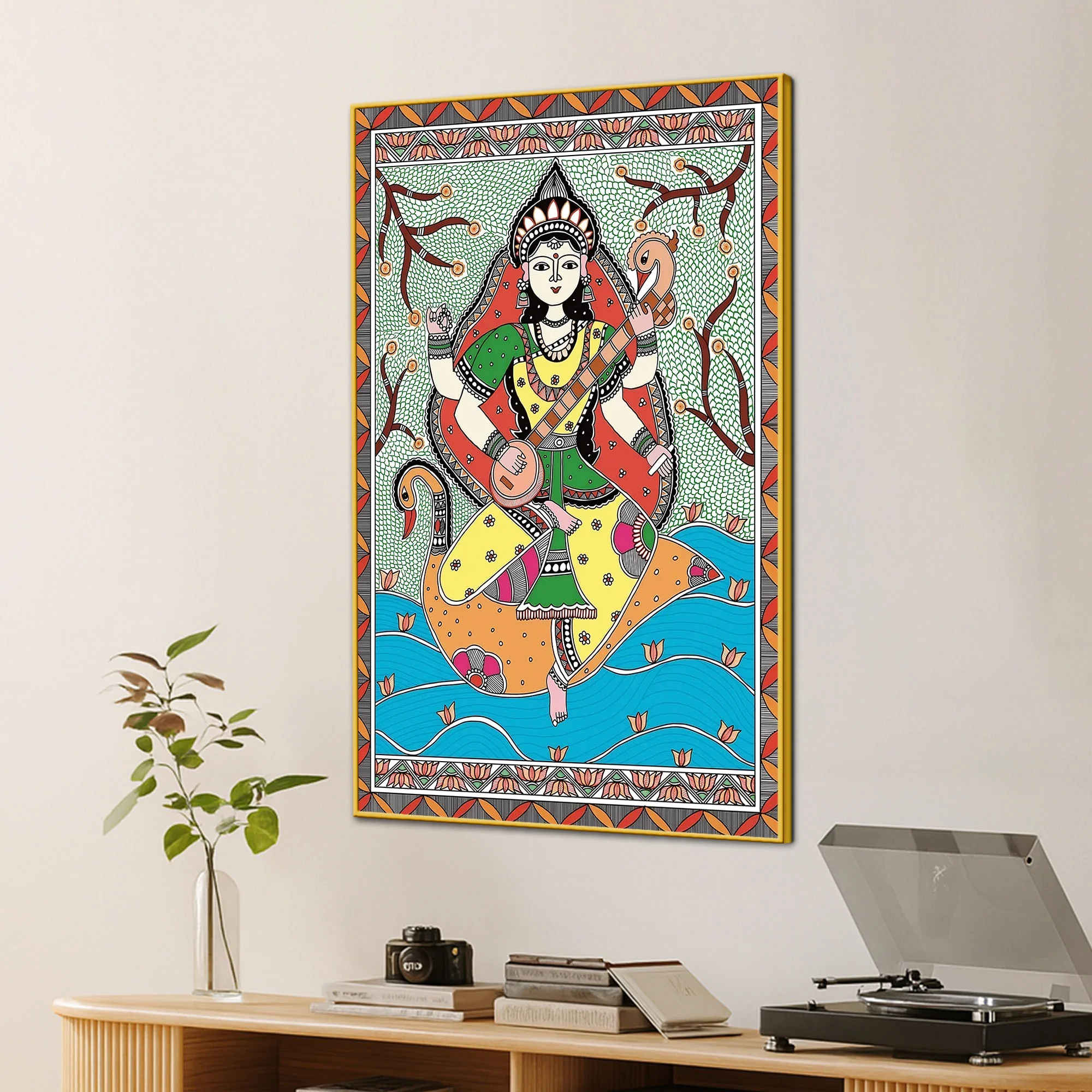 Traditional Madhubani Goddess Saraswati Canvas Painting - Image 3