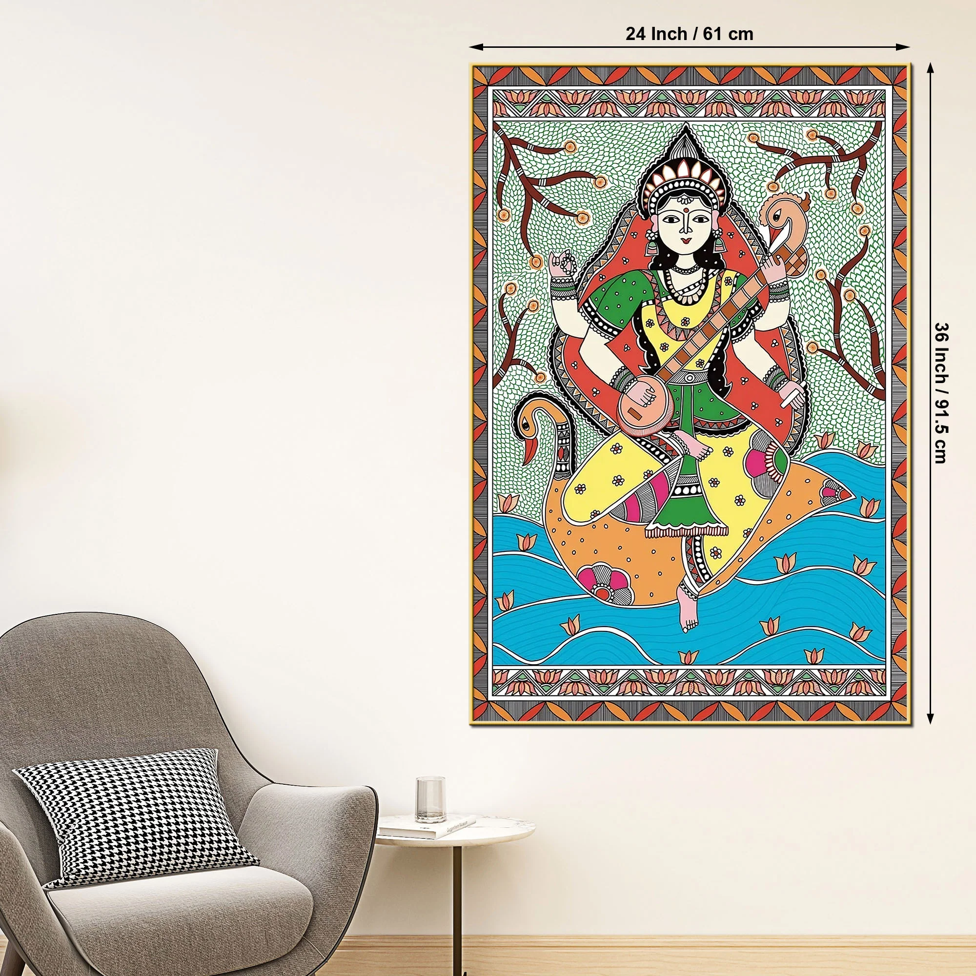 Traditional Madhubani Goddess Saraswati Canvas Painting - Image 5