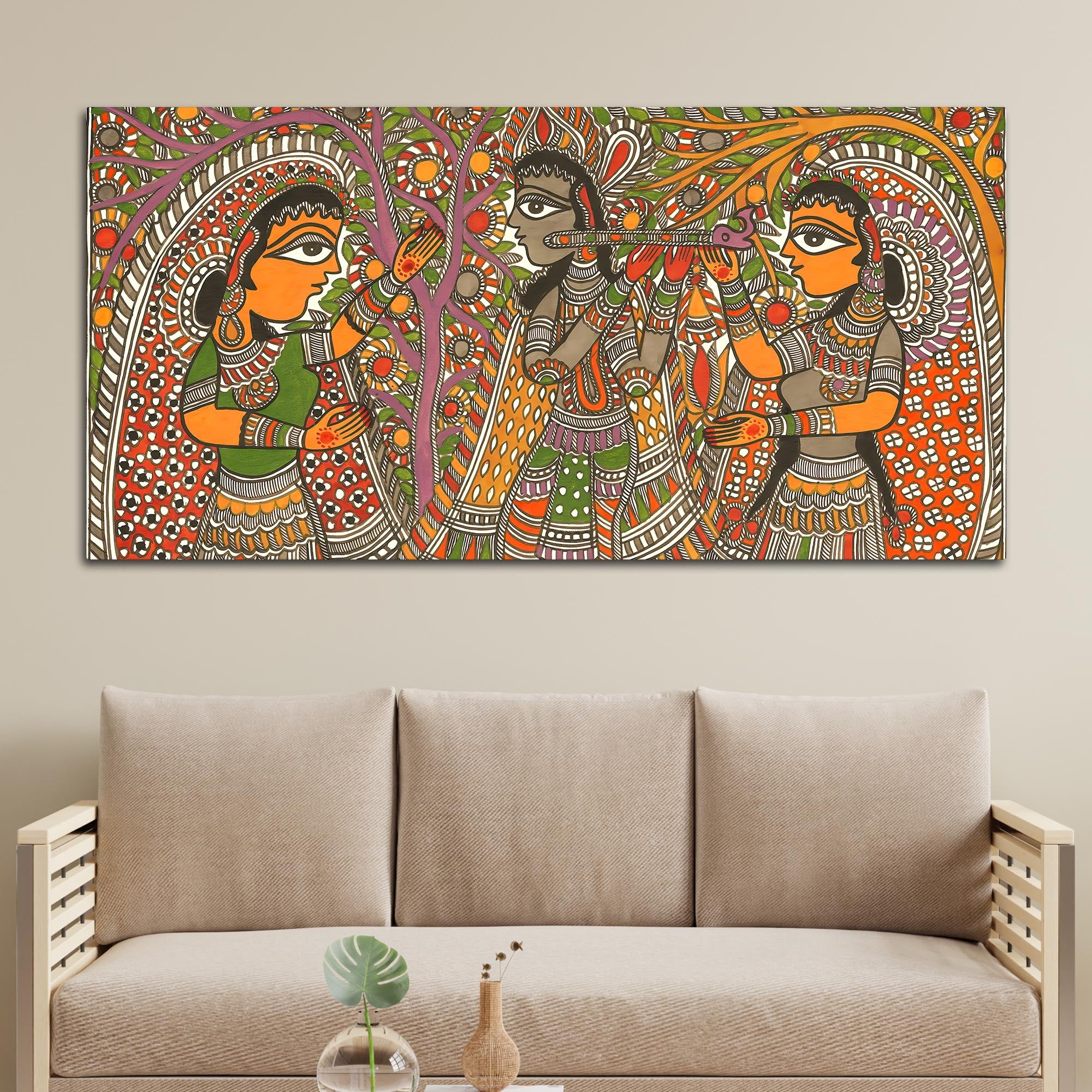 Traditional Madhubani Radha Krishna Canvas Wall Painting for Home Decor - Image 3