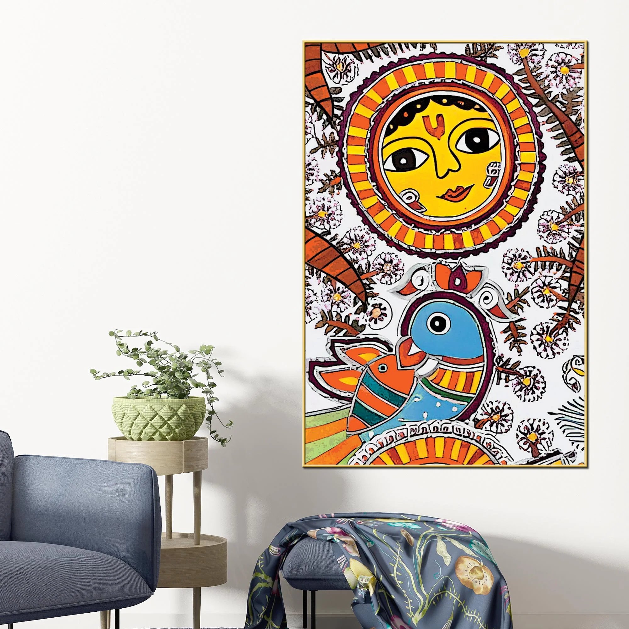 Traditional Madhubani Sun Canvas Painting | Home Wall Art - Image 2