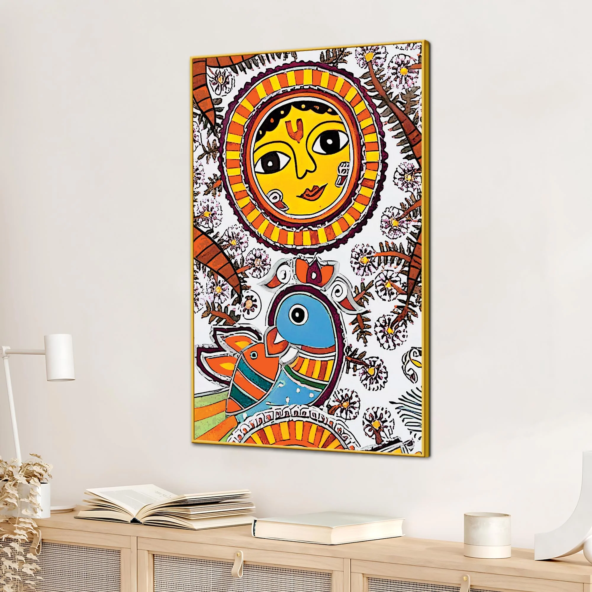 Traditional Madhubani Sun Canvas Painting | Home Wall Art - Image 3