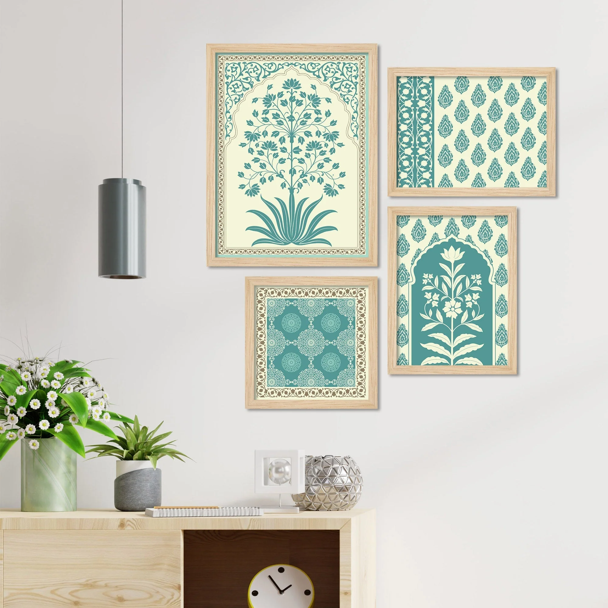 Traditional Motif Flower Pattern Art Wall Frame Set of Four - Image 2