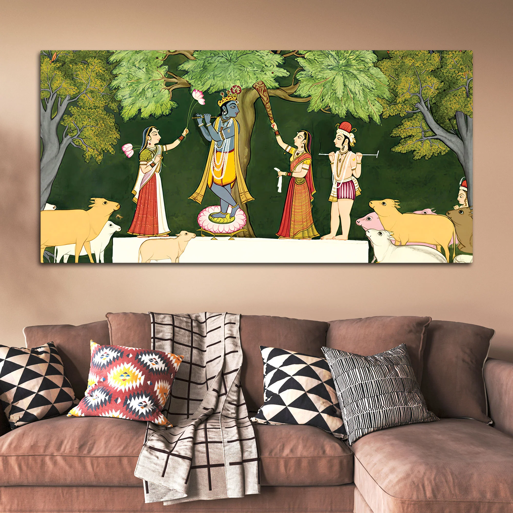 Traditional Pichwai Krishna with Gopis Canvas Wall Painting - Image 3