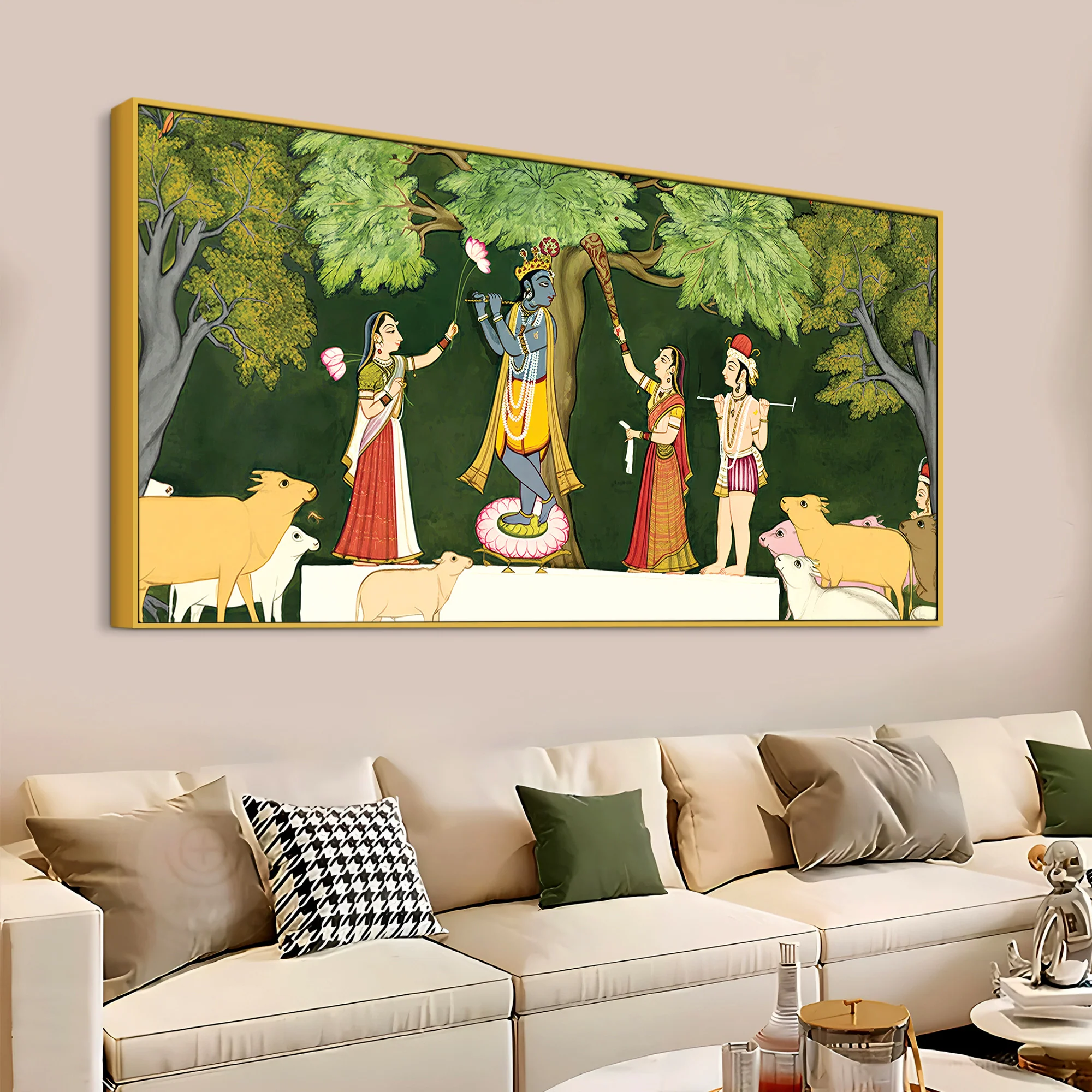 Traditional Pichwai Krishna with Gopis Canvas Wall Painting - Image 4