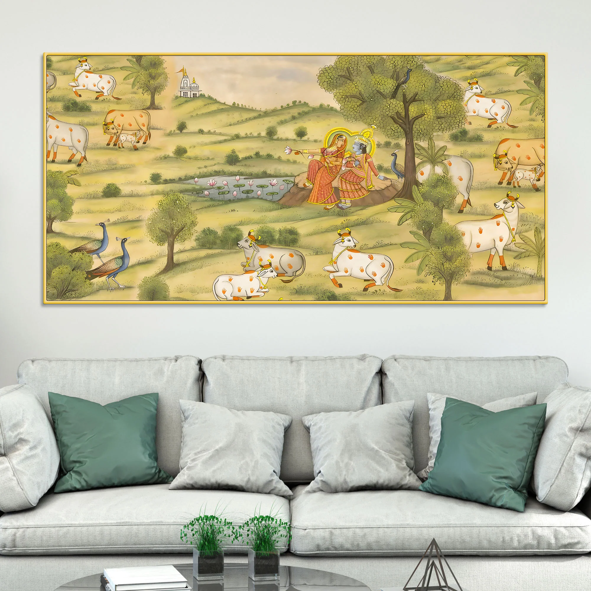 Traditional Pichwai Radha Krishna with Kamdhenu Cows Painting – Ethnic Spiritual Wall Decor - Image 2