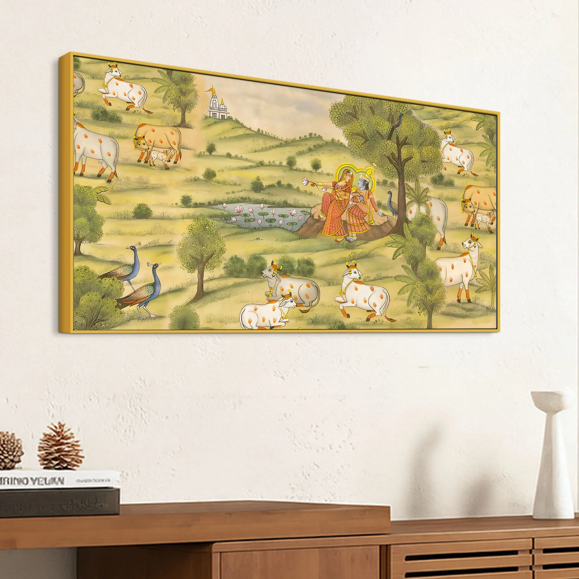 Traditional Pichwai Radha Krishna with Kamdhenu Cows Painting – Ethnic Spiritual Wall Decor - Image 5