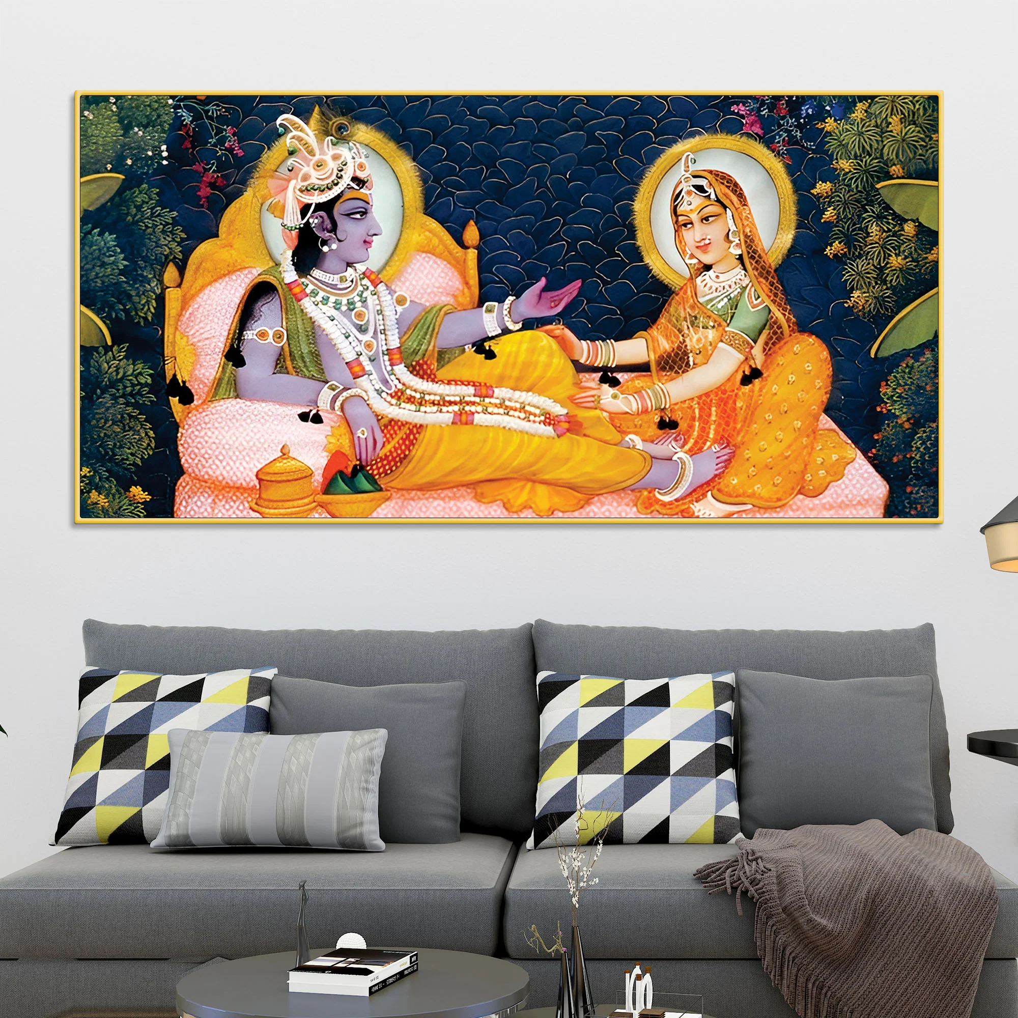Traditional Radha Krishna Seated Canvas Wall Painting - Image 2