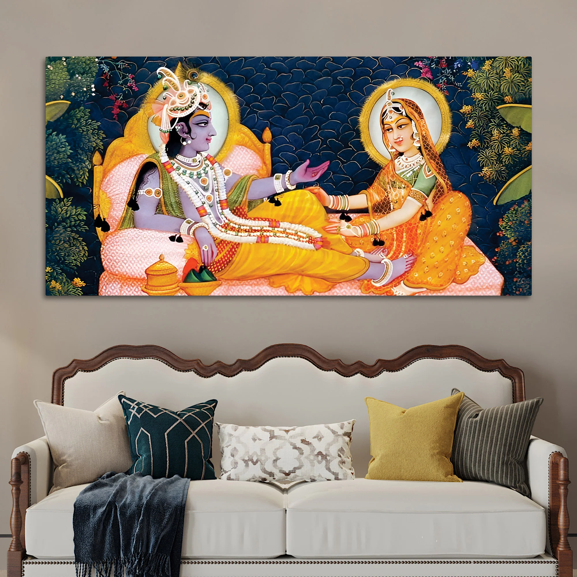 Traditional Radha Krishna Seated Canvas Wall Painting - Image 3