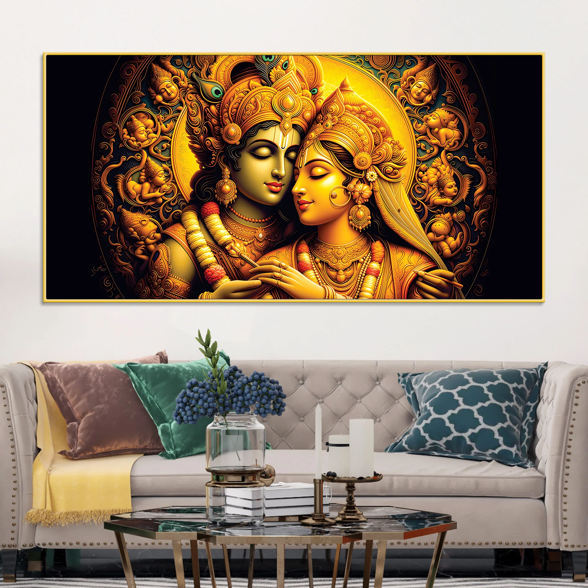 Traditional Radha Krishna Wall Painting for Spiritual Living Room - Image 2