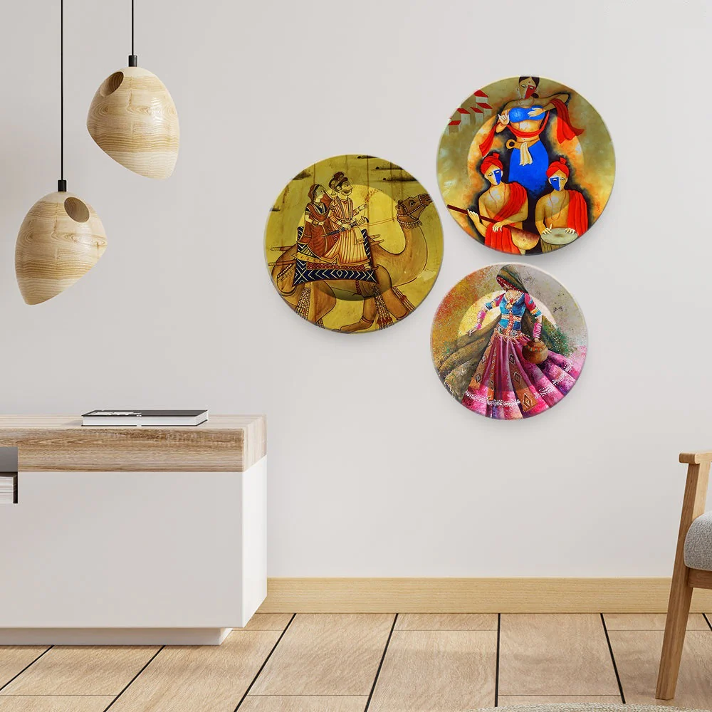 Traditional Rajasthani Culture Art Wall Plates Set of 3 - Image 2