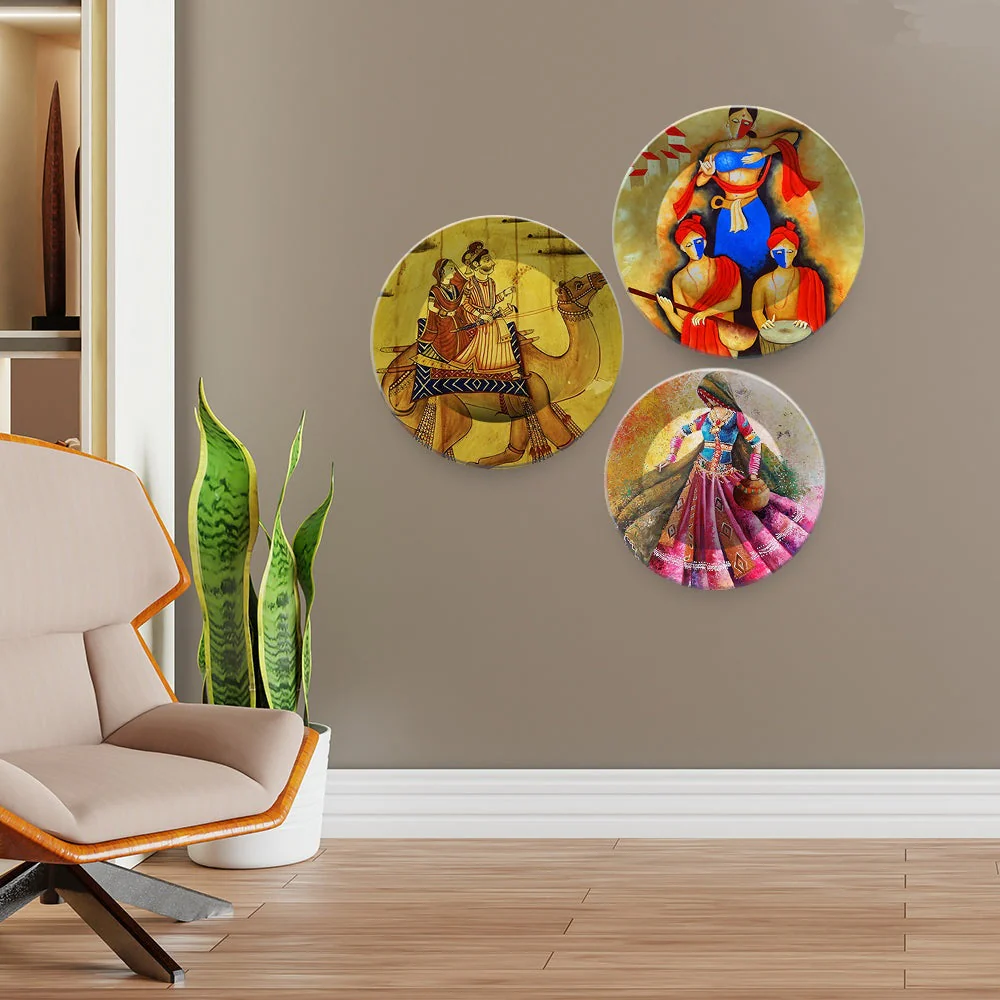 Traditional Rajasthani Culture Art Wall Plates Set of 3 - Image 3