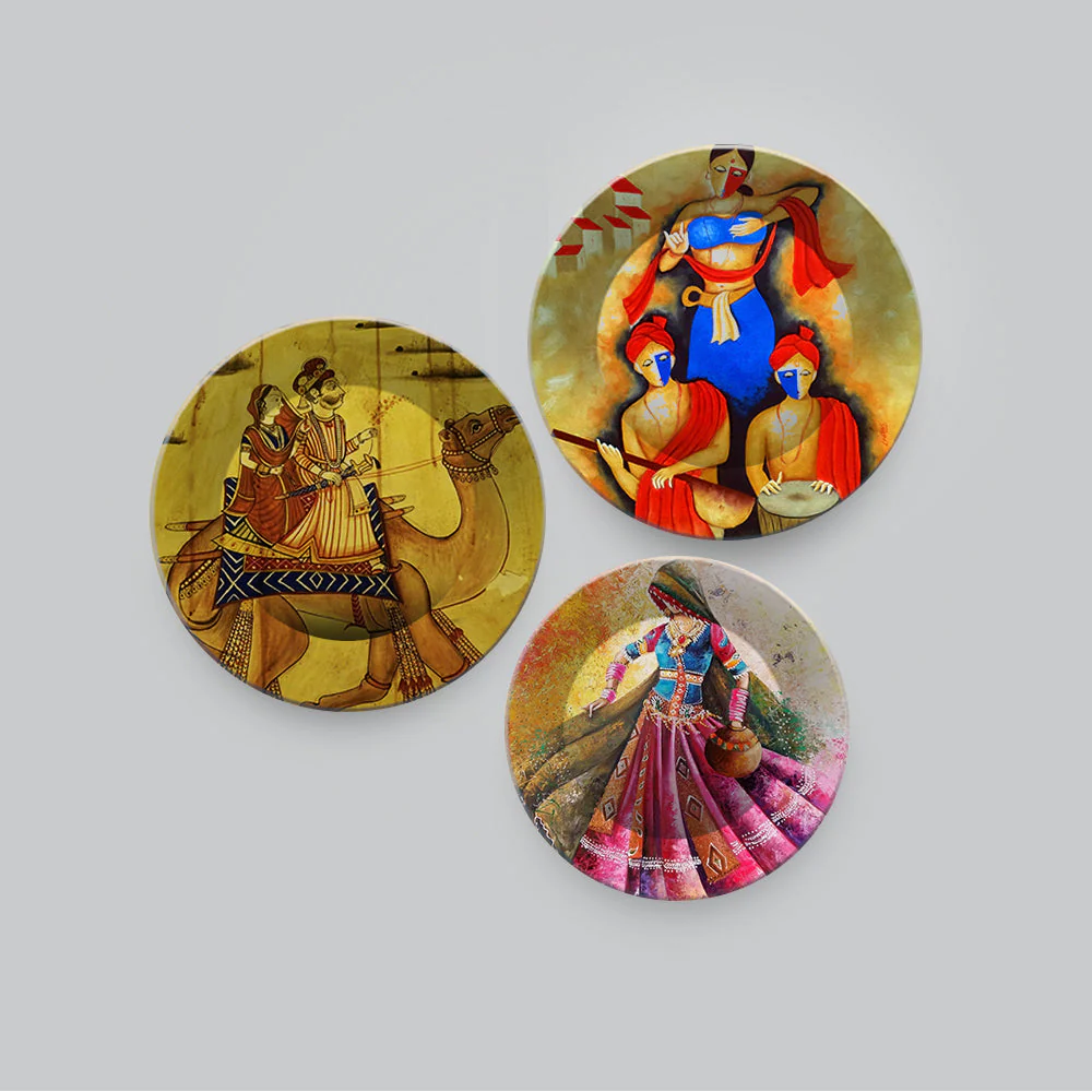 Traditional Rajasthani Culture Art Wall Plates Set of 3 - Image 4